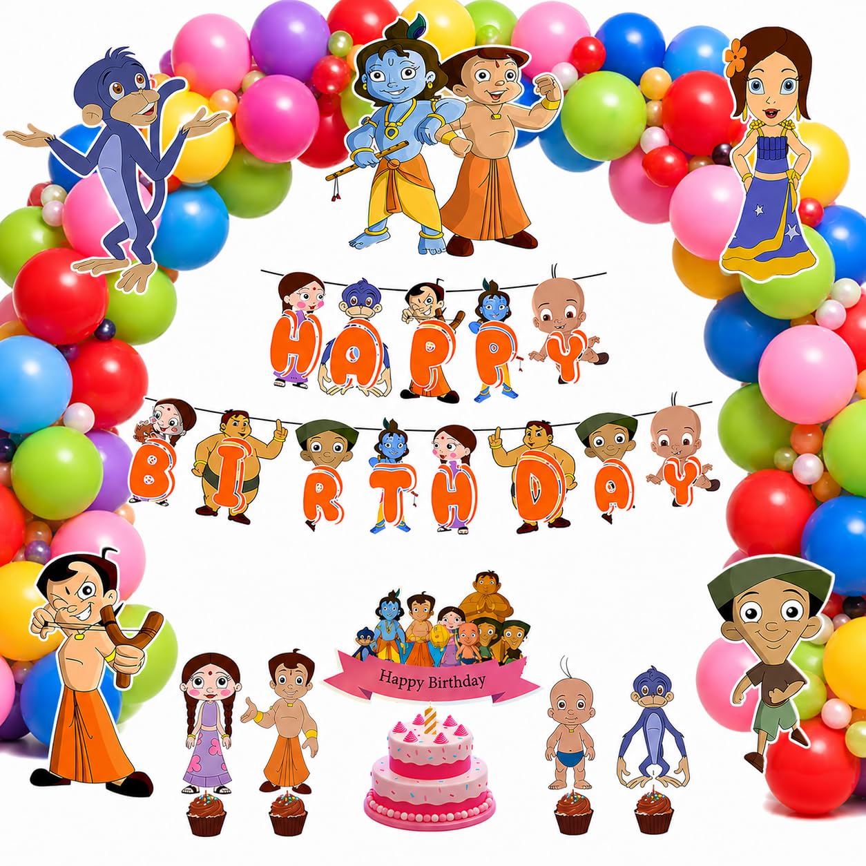 Partyjoy Birthday Decoration Chota Bheem theme for Kids | Happy Birthday Banner, Cake Topper, Cupcake Toppers & Character Cutouts | Boys Cartoon Party Supplies (Multicolor balloons)-image-2