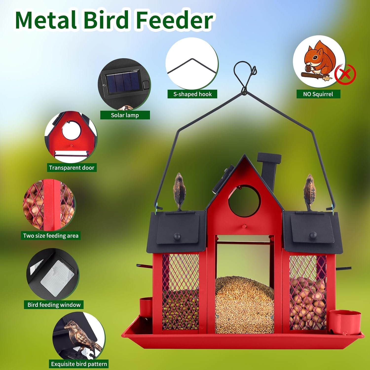 Solar Bird Feeders House for Outside Hanging, Metal Wild Bird Feeder for Outdoors, Large Cardinal Bird Feeder Birdhouses Squirrel Proof (Red) - Image 3