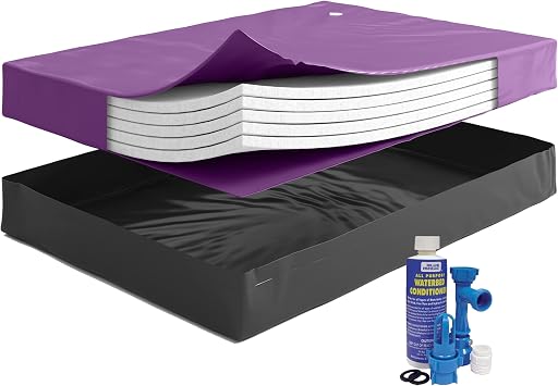 WAVELESS 95% Waterbed Hardside Mattress Set with Fill & Drain Kit, 8 oz, Water Conditioner and Stand Up Liner, Heavy Duty Vinyl, 60"W x 84"L x 9"H Queen Size