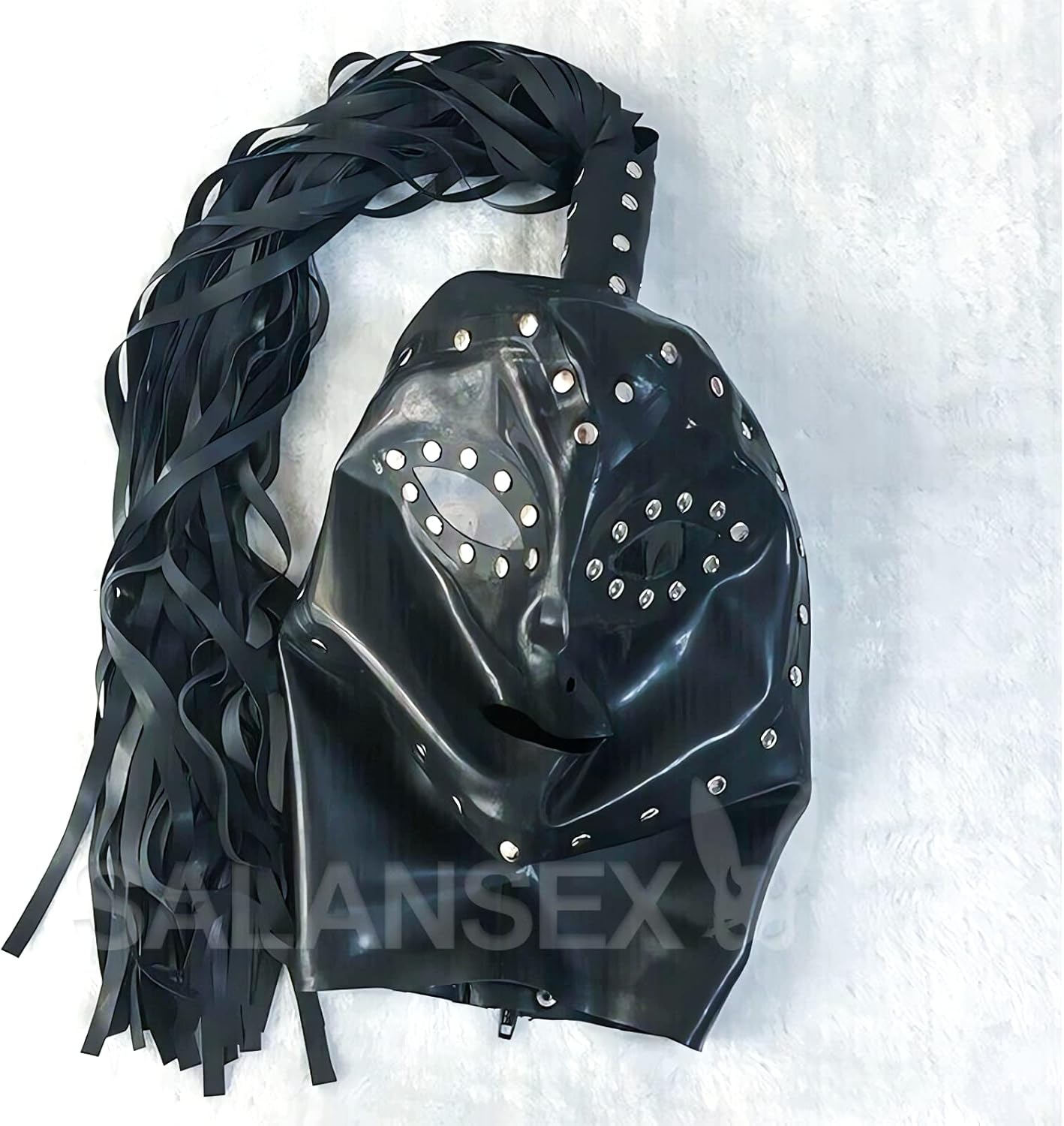 Latex Hood with Latex Braids and Rivet, Full Face Cover with Zipper for Master, Queen, Sex, BDSM, Party, Cosplay, Holiday