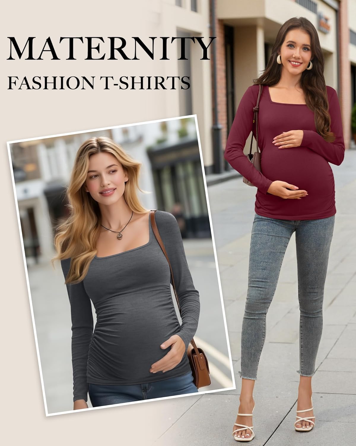 3 Pack Women's Maternity Shirts Long Sleeve Side Ruched Pregnancy Tops Square Neck Basic Tunic Knit Mama Clothes - Image 6