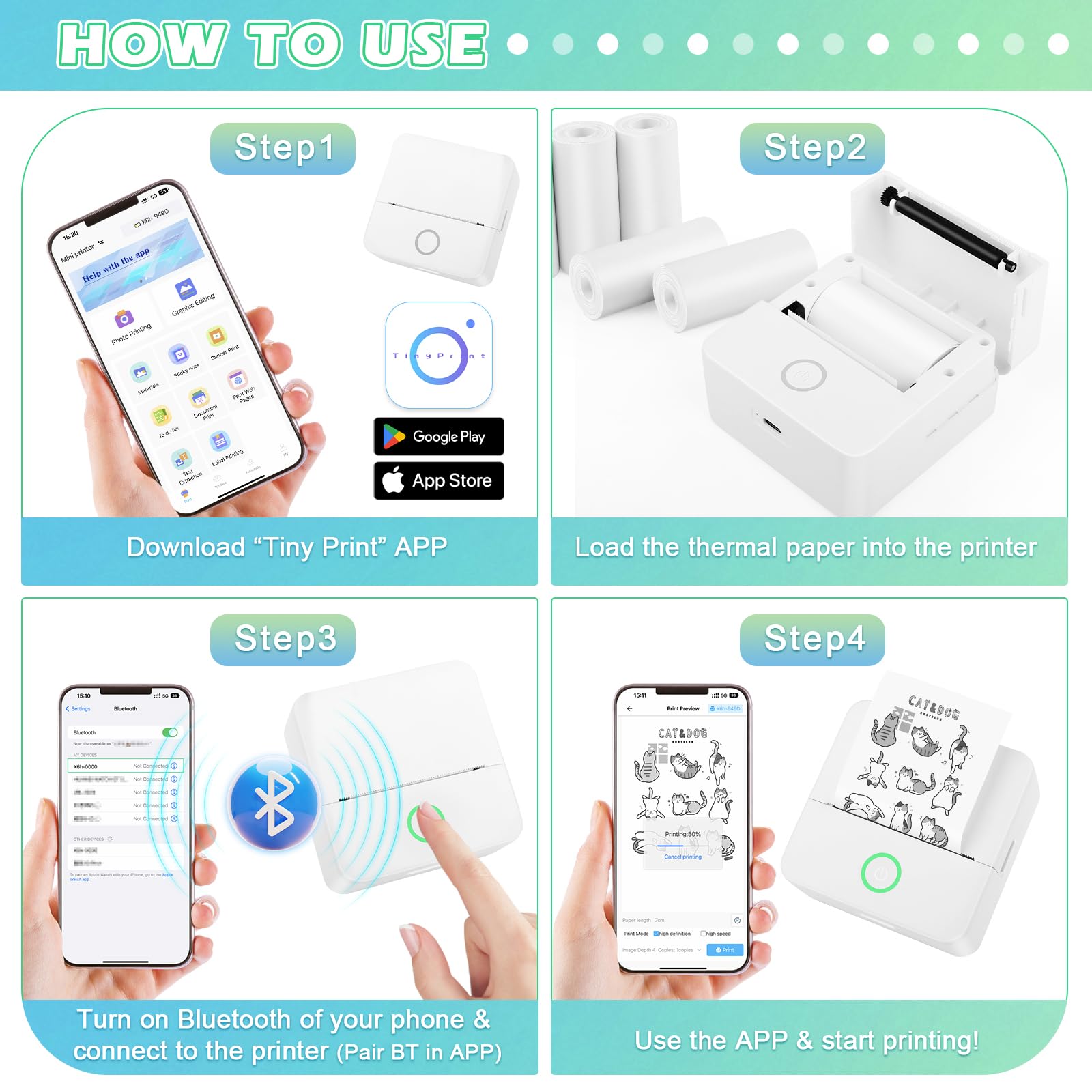 Mini Imprimante X6 Portable Photo Bluetooth pour iOS & Android avec 13 Rouleaux d'Étiquettes Autocollantes