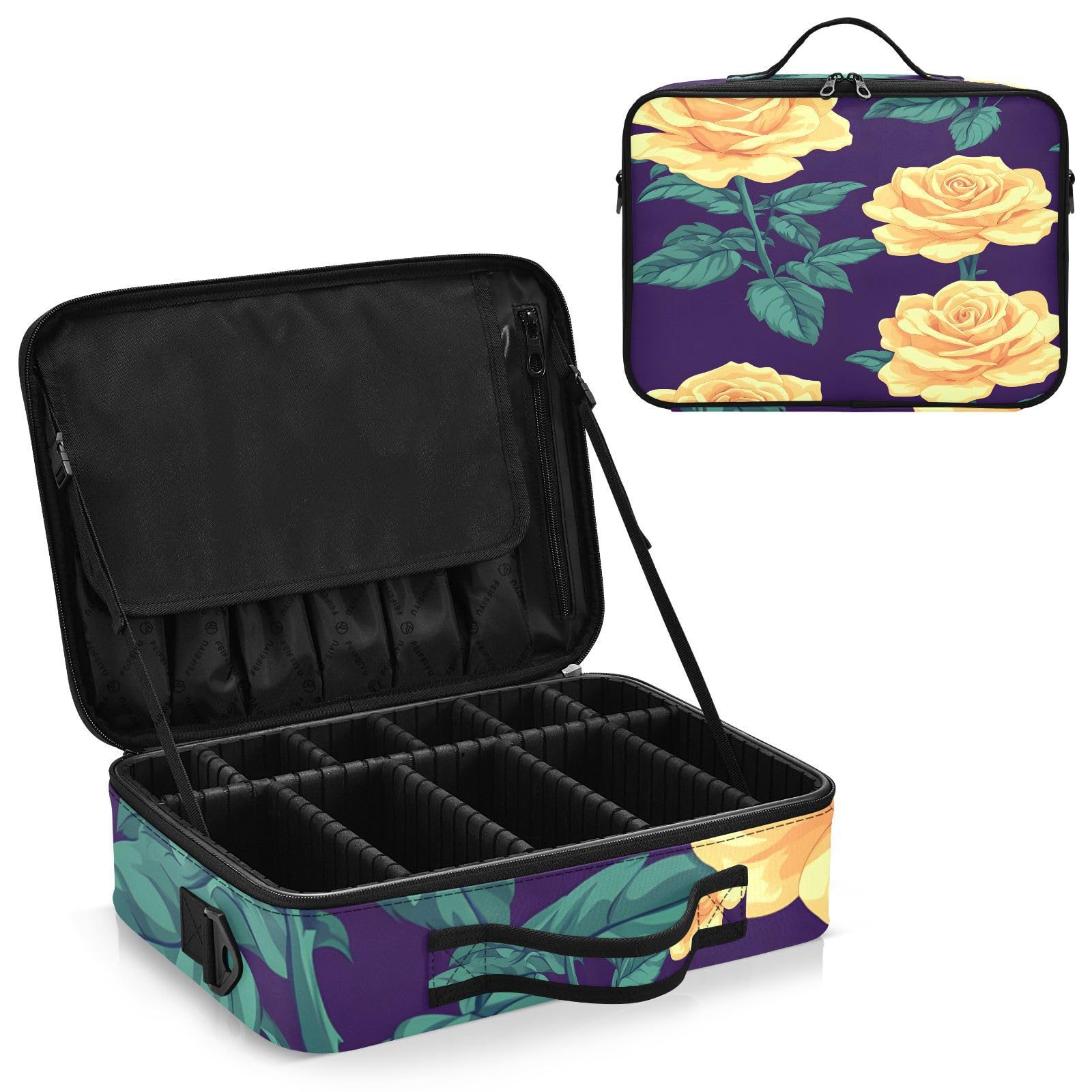 zyrtty Travel Makeup Train Case Yellow Flower Pattern Green Leaves Plants Cosmetic Organizer Portable Storage Bag with Adjustable Dividers for Cosmetics Brushes Toiletry Jewelry Digital Accessories