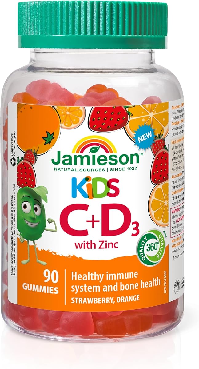 Jamieson Laboratories Jamieson Kids Immune Gummies with Vitamin C, Vitamin D3 & Zinc, Strawberry and Orange Flavours, Supports Immune Health, Strong Teeth and Bones, Helps in Wound Healing. Vegetarian, Non-GMO, Gelatin-Free, Gluten-Free, No Artificial Flavours, Colours, or Preservatives, 90 Count
