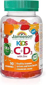 Jamieson Kids Immune Gummies with Vitamin C, Vitamin D3 &amp; Zinc, Strawberry and Orange Flavours, Supports Immune Health, Strong Teeth and Bones, Helps in Wound Healing. Vegetarian, Non-GMO, Gelatin-Free, Gluten-Free, No Artificial Flavours, Colours, or Preservatives, 90 Count