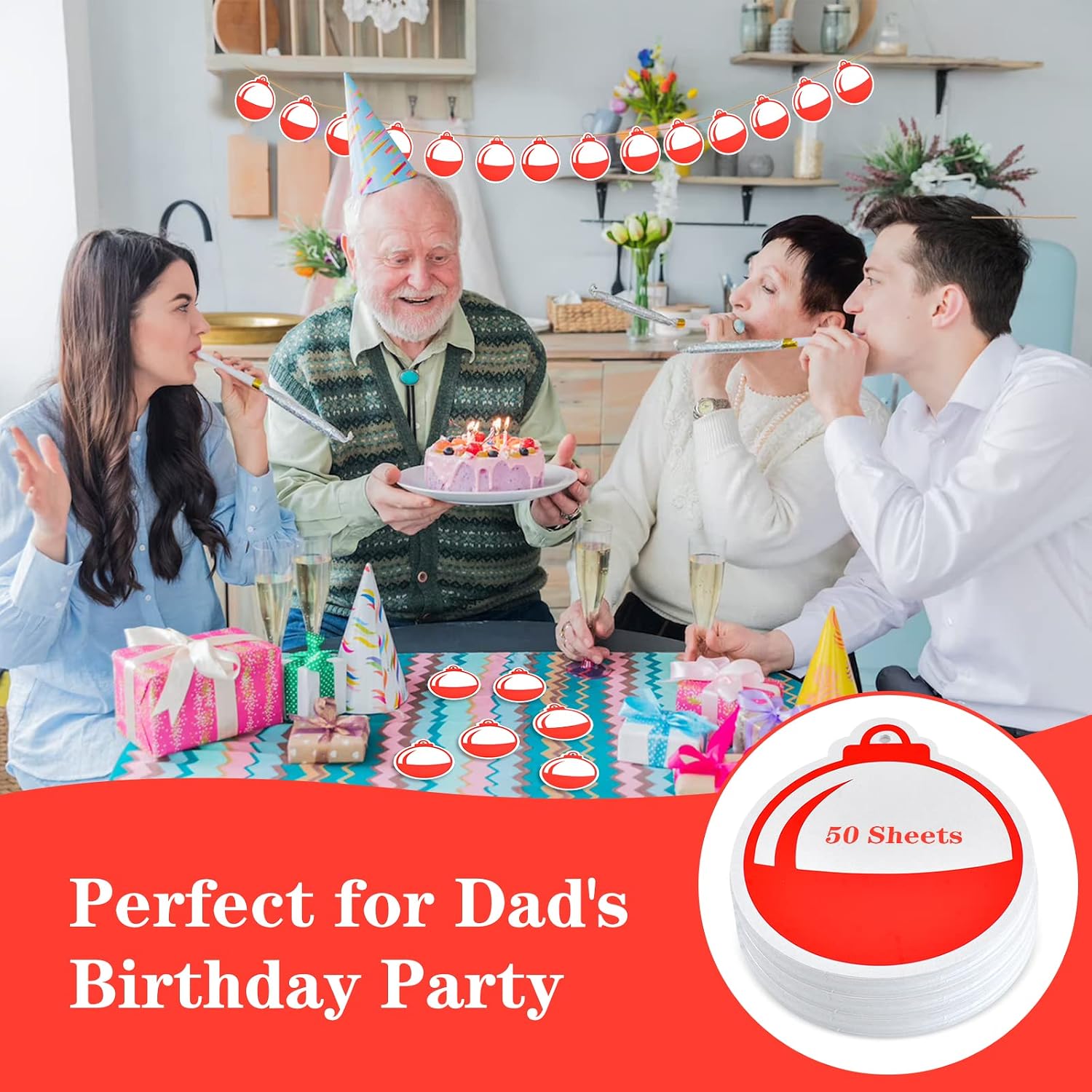 50 Pcs Fishing Birthday Decorations - Gone Fishing Party Supplies, Bobber Cut Outs, Sign, Paper Decorations, Bait Bar, Pole Favors 3.4"x3.9"