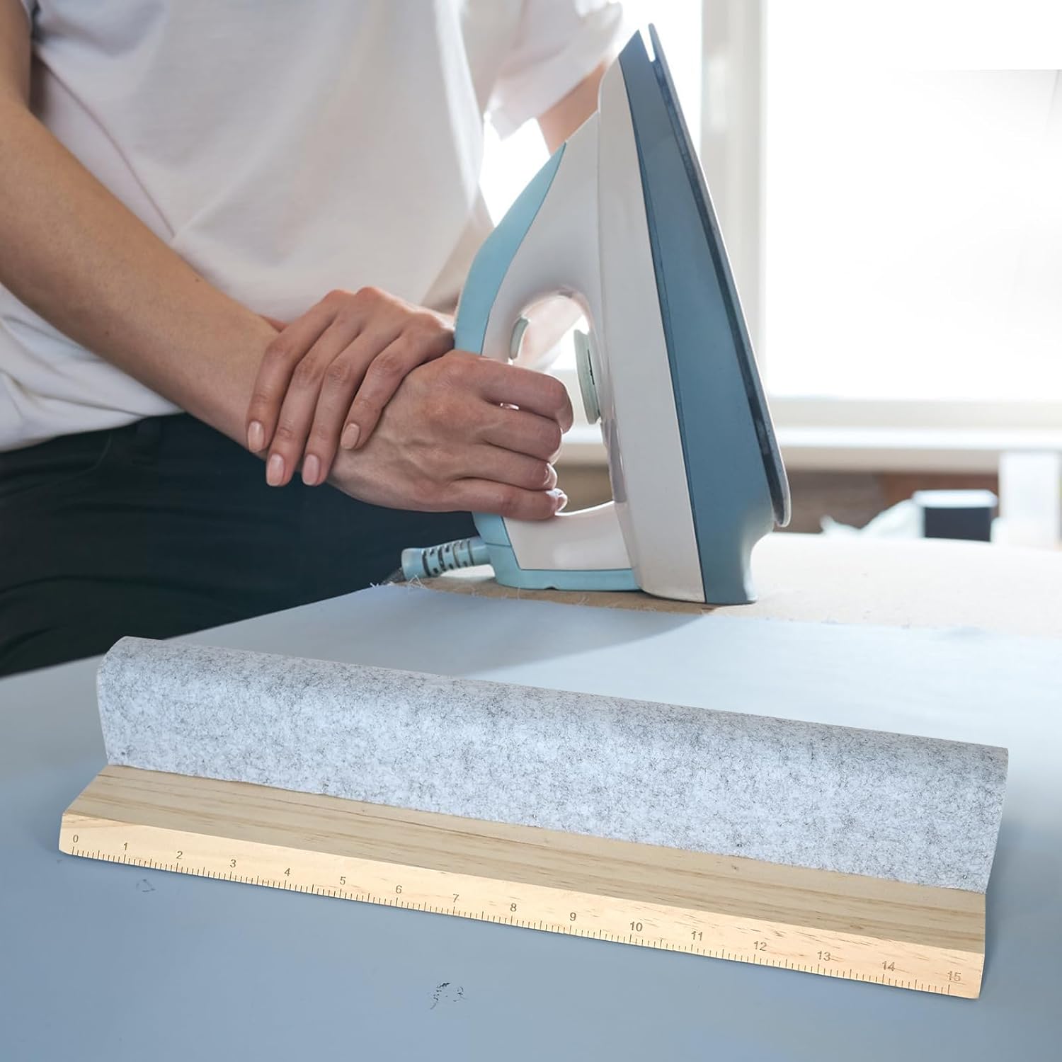 Wooden Wool Pressing Bar with Clapper, 15.7 Inch Beechwood Tailor's Clappers with Scale Hardwood Professional Sewing Tool for Flattening Fabrics and Point Pressing Sewing, Quilting, Ironing