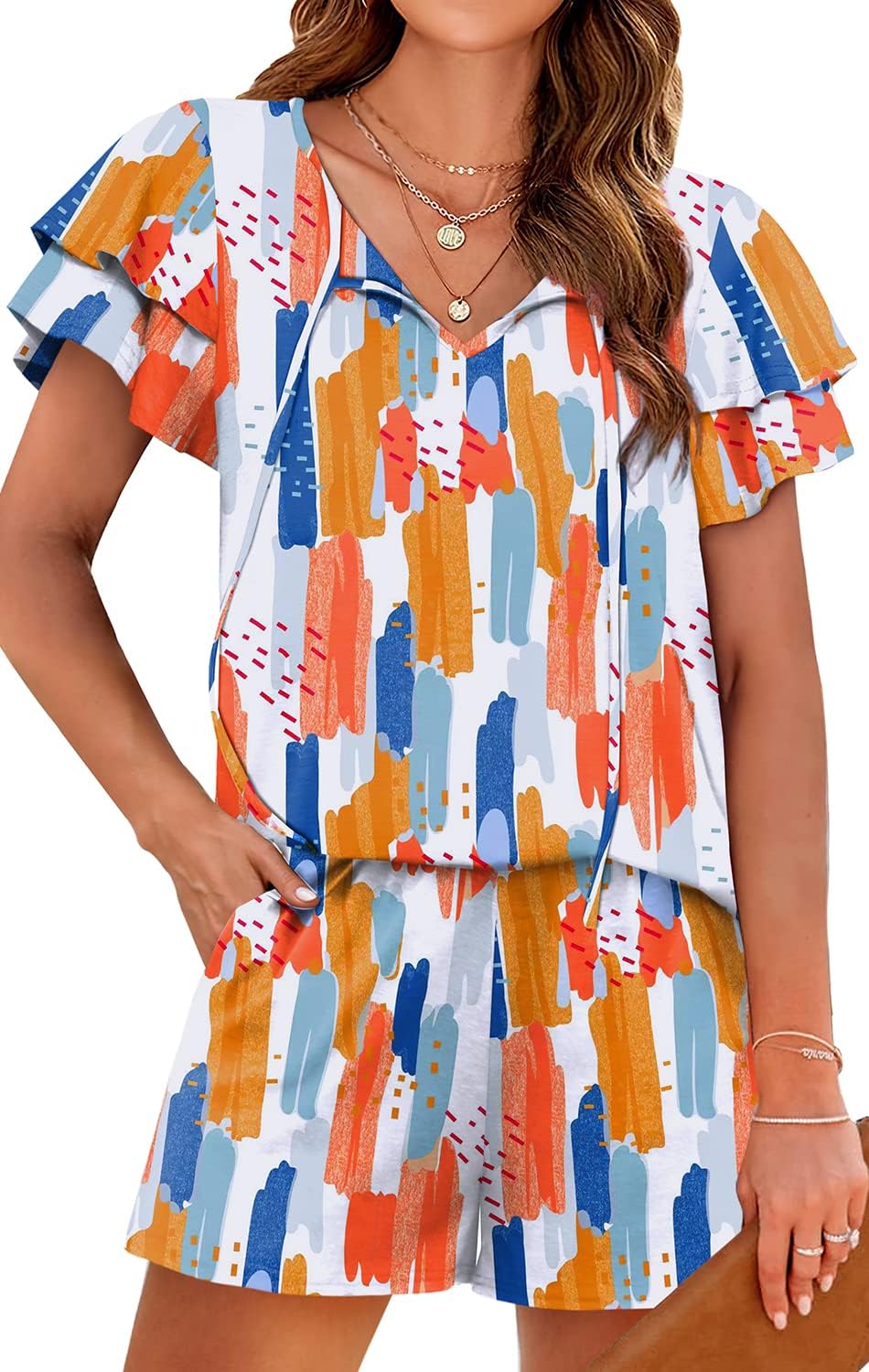 WIHOLL Summer Outfits for Women 2 Piece Short Sleeve V Neck Lounge Sets Casual - Image 2