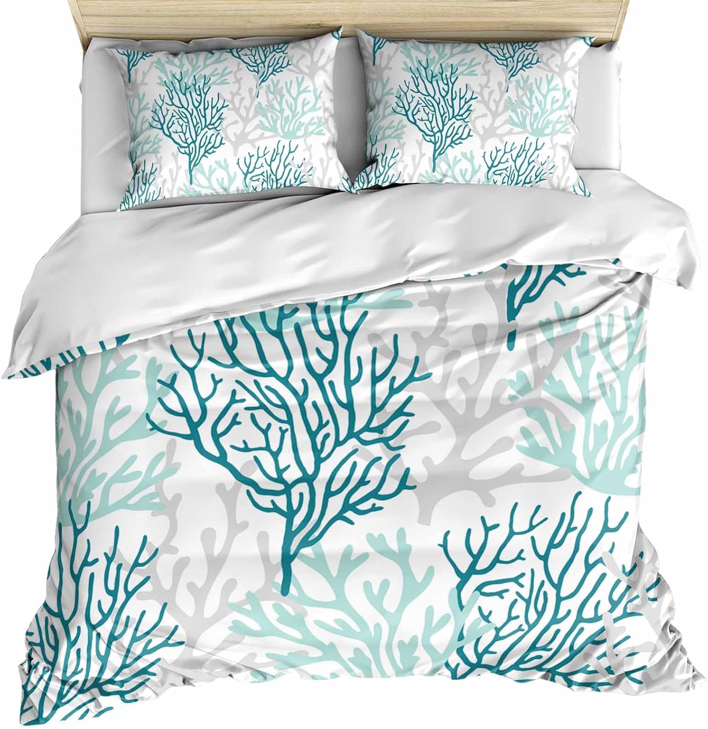 Turquoise Grey Coral Bedding Duvet Cover Queen Size - 1 Quilt Cover 90x92 Inches with Zipper Closure and 2 Pillowcases,Coastal Gradient Teal Gray Modern White Patterned Comforter/Blanket Cover
