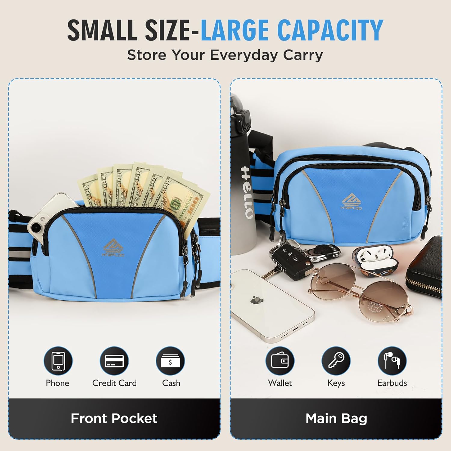 Fanny Pack for Men Women Waist Bag with Water Bottle Holder for Hiking, Travel,Dog Walking, Workout (Light Blue) - Image 4