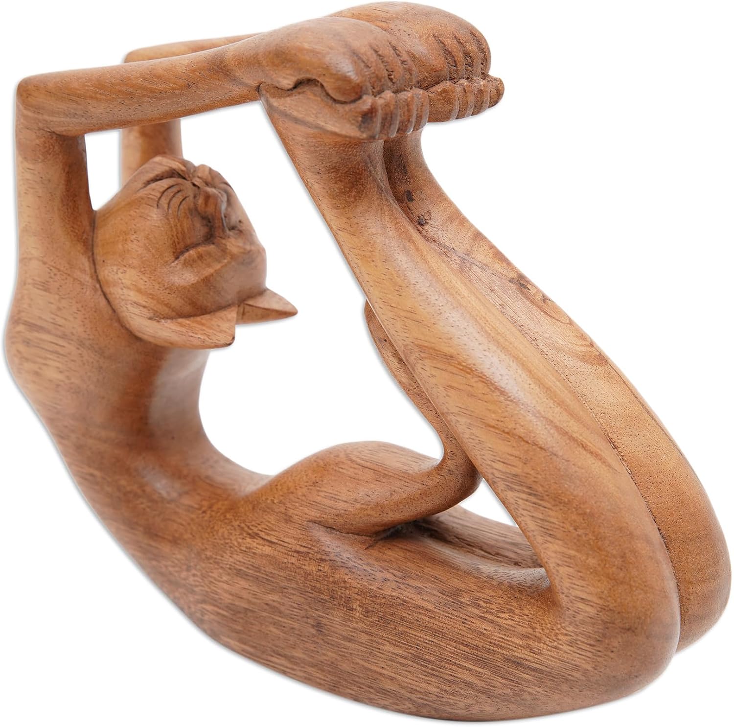 NOVICA Artisan Handmade Wood Sculpture Suar of Cat in Dhanurasana Yoga Pose Brown Indonesia [6.75in H x 8.25in W x 2.2in D] ' Dhanurasana Kitty'