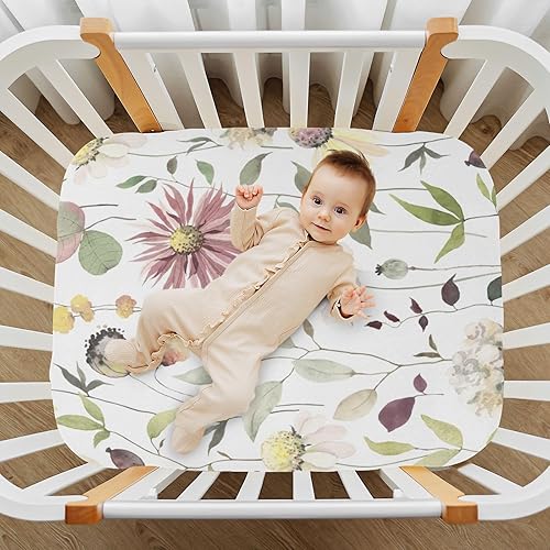 Miniatura 7 de Kigai Fitted Crib Sheet for Boys & Girls Watercolor Flowers Soft Breathable Unisex Baby Sheets for Standard Crib and Toddler Mattresses 39 x 27 in