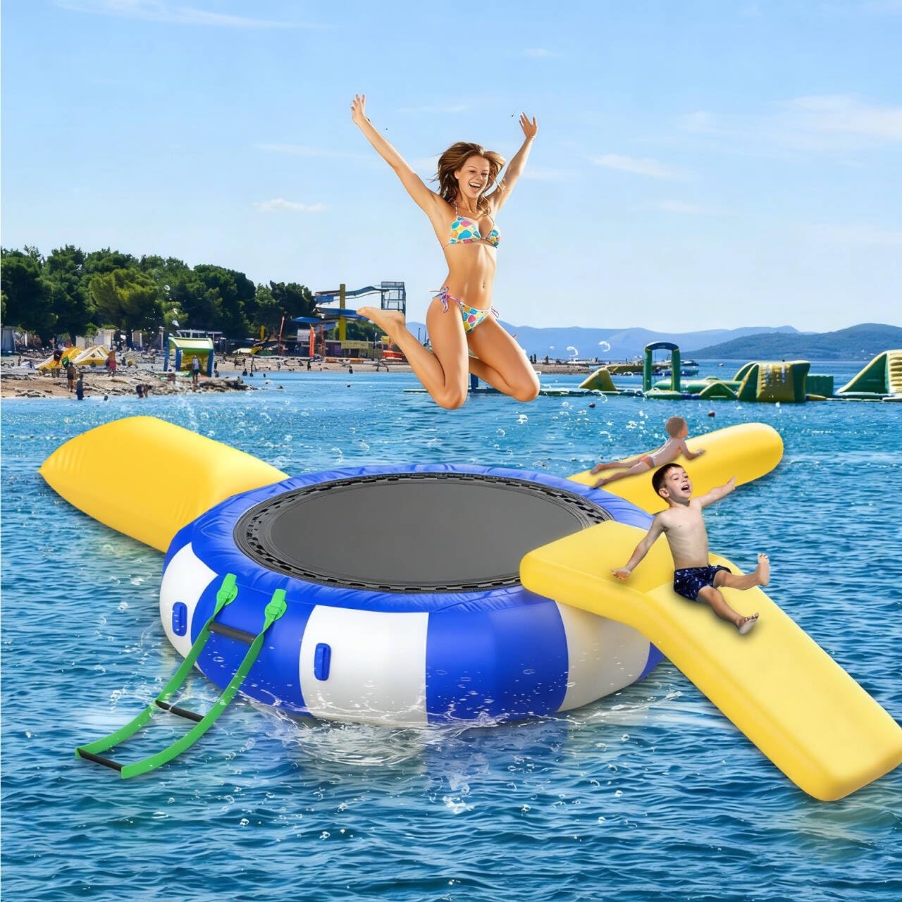 10FT Inflatable Water Trampoline Swimming Platform, Diving Platform Water Park, Bounce Inflatable Trampoline Slide, Suitable for Lake/Swimming Pool,
