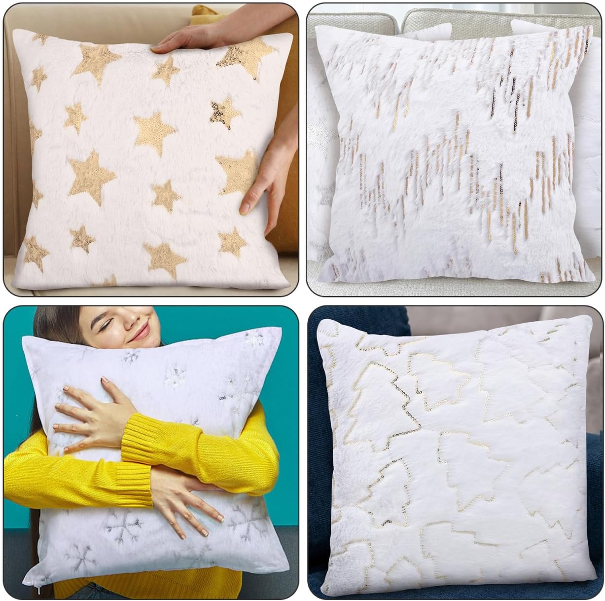 Unomor 4Pcs Throw Pillow Covers Christmas Pillow Cases with Snowflake Tree Pentagram Designs Soft Decorative Cushion Covers for Sofa Bed Home Decor