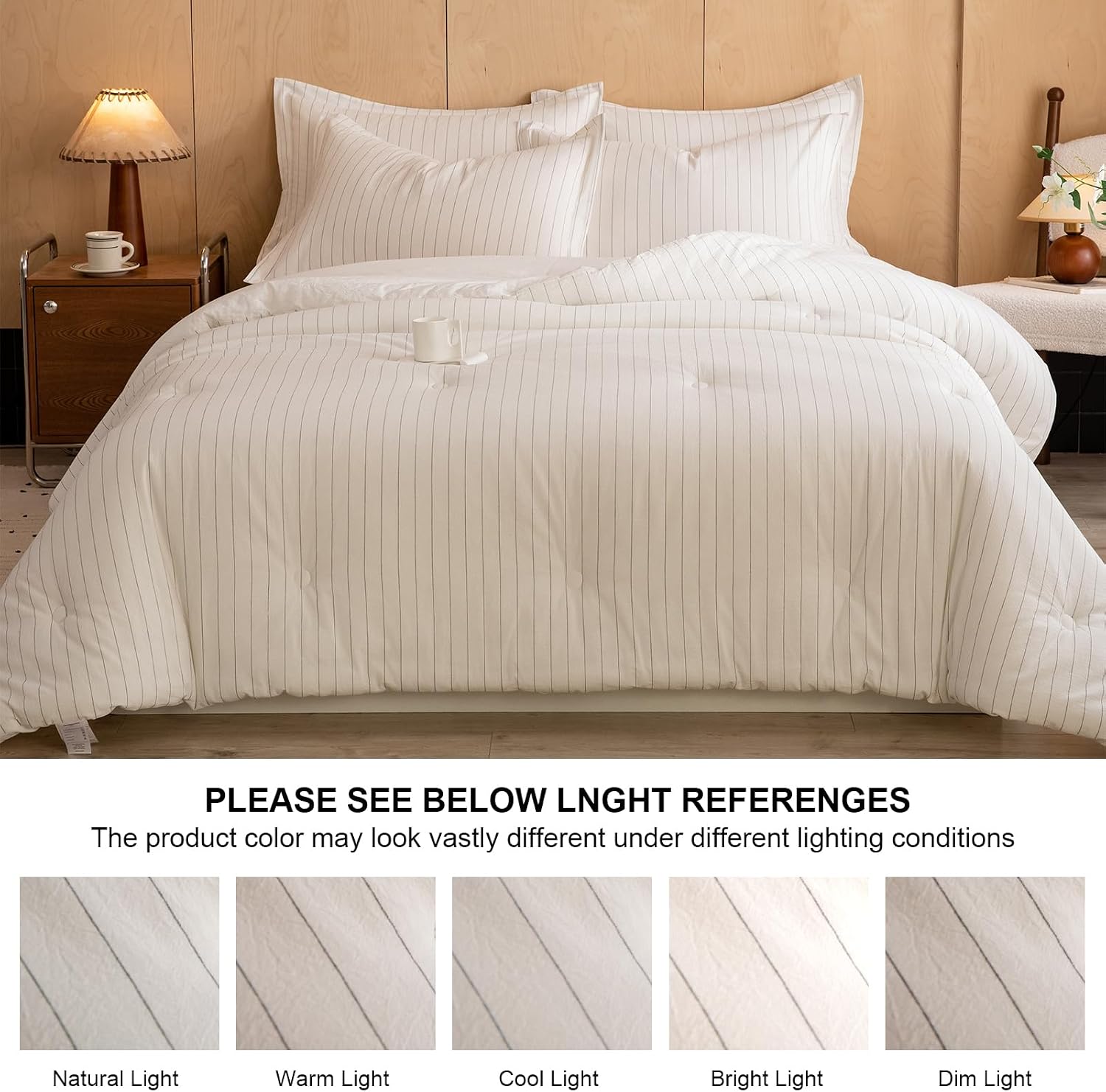 LLanCL Cotton Stripe Comforter Set Twin Size,100% Cotton Cover with Polyester Fill,Ultra Soft,Breathable,Lightweight Bedding for All Seasons,1 Comforter 68"x90" & 1 Pillow Sham 20"x26"(White)