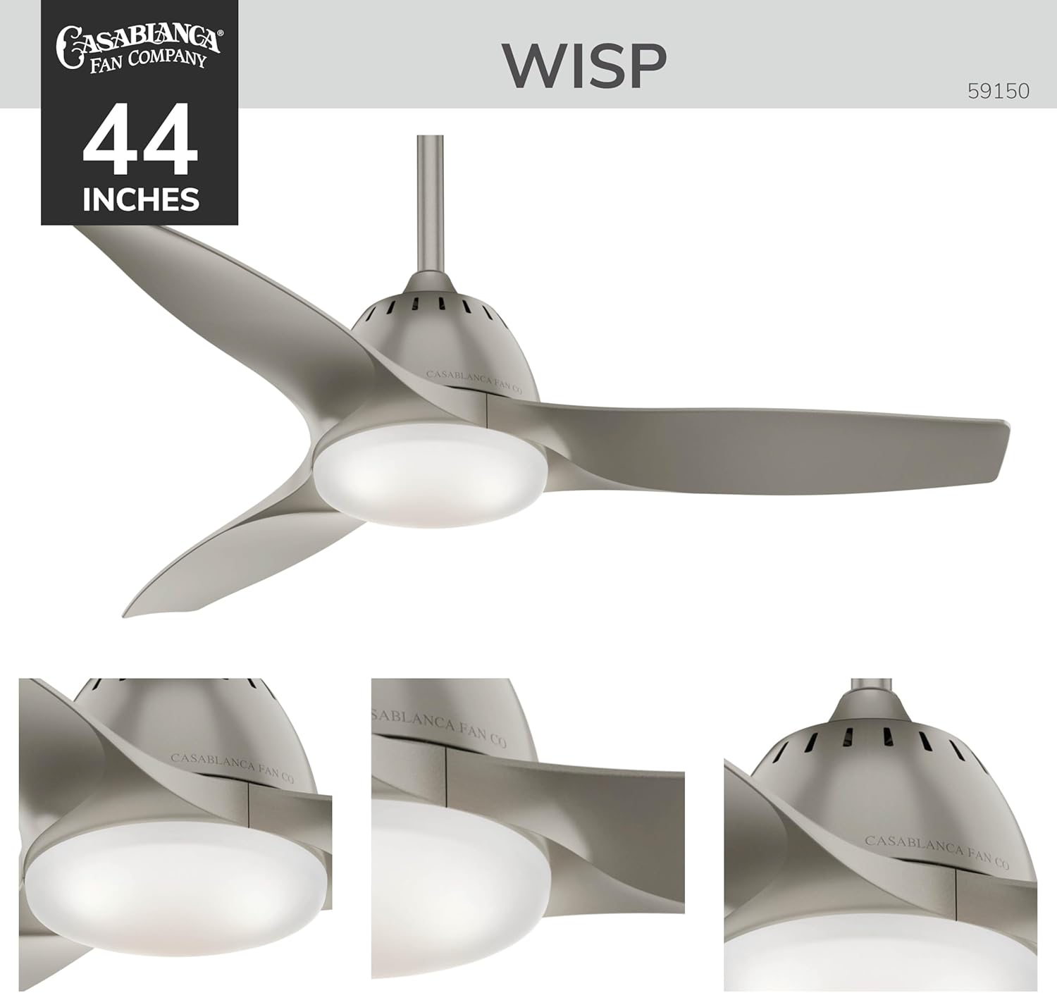 Casablanca 44 inch Indoor Ceiling Fan with LED Light and Remote Control - Standard Mount Ceiling Fan, 3 Blades, For Bedroom, Living Room, or Kitchen, Quiet - Wisp 59150, Painted Pewter