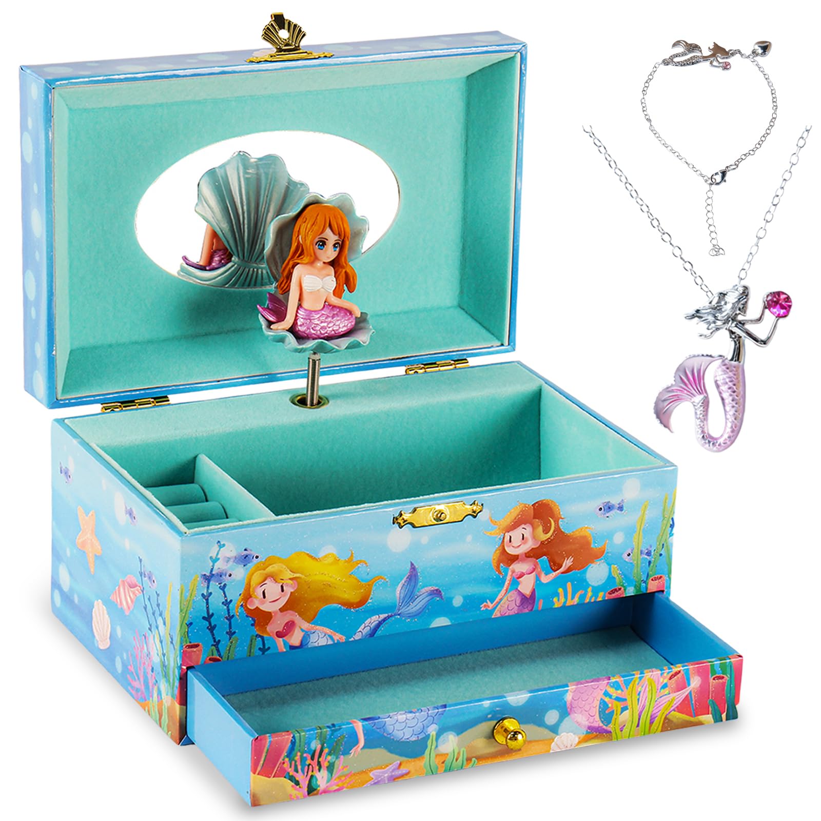 Joyero musical de sirena infantil con pulsera y collar para niñas