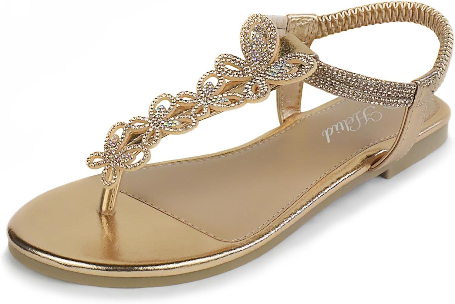 Women's Butterfly Thong Flat Sandals T-Strap Rhinestone Boho Wedding Dressy Sandals for Women