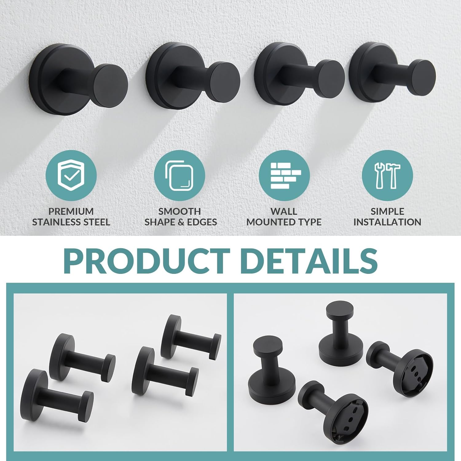 APLusee Matte Black Stainless Steel Bath Robe Towel Hook 4 Pack, Towel Ring Bundle, Wall Mount