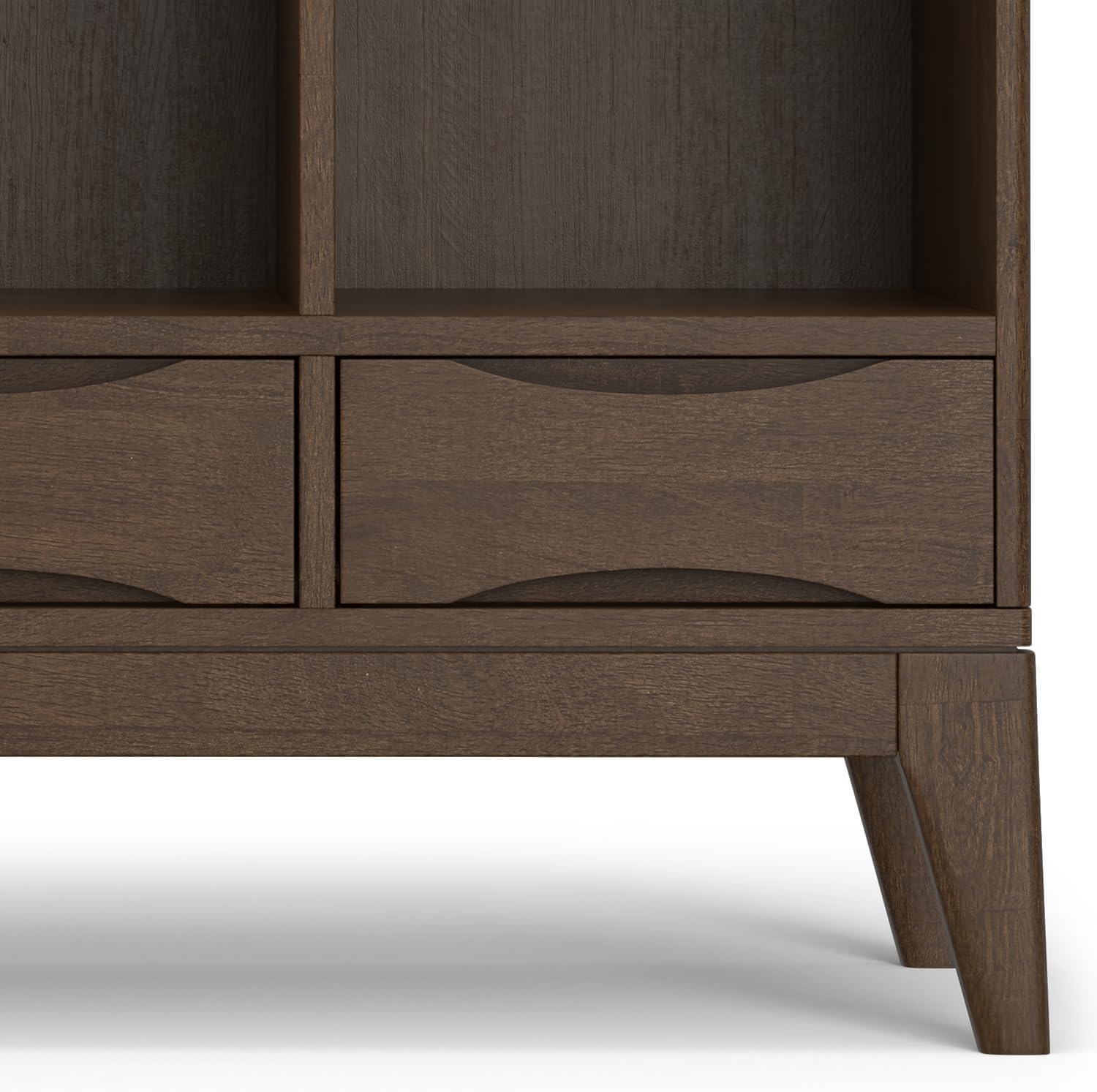 SIMPLIHOME Harper Bookcase - 43 inch Tall Solid Wood Low 6-Cube Organizer with Drawers in Walnut Brown, Mid-Century Modern Storage for Living Room or Office with Tapered Legs and Open Cubbies