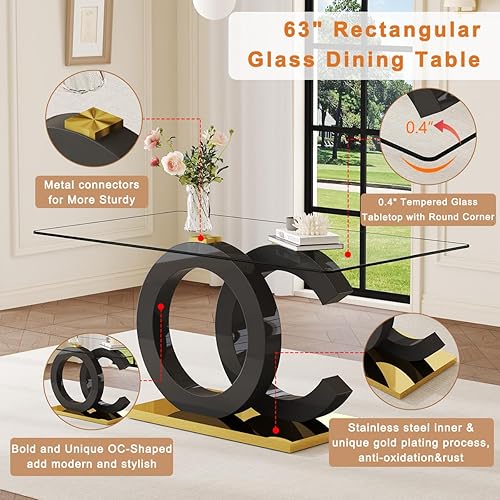 Miniatura 4 de Juego de mesa de comedor de cristal para 6, parte superior de vidrio templado de 63 pulgadas con patas brillantes en forma de OC y base de acero