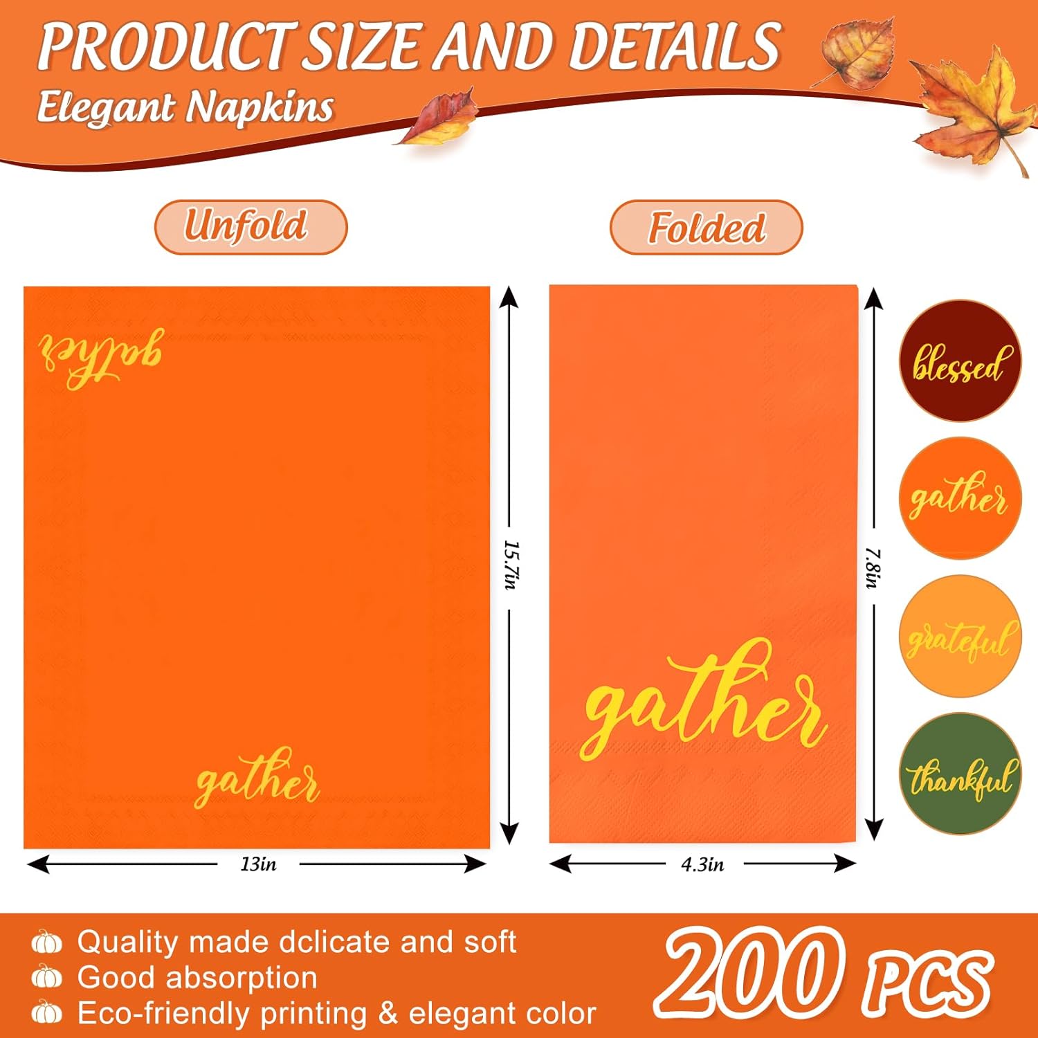 FYSUIMU 200Pcs Fall Thanksgiving Guest Napkins Gold Foil Thankful Blessed Disposable Paper Napkin Red Orange Yellow Green 4 Colors Dinner Hand Towel Napkins for Bathroom Autumn Party Table Decor
