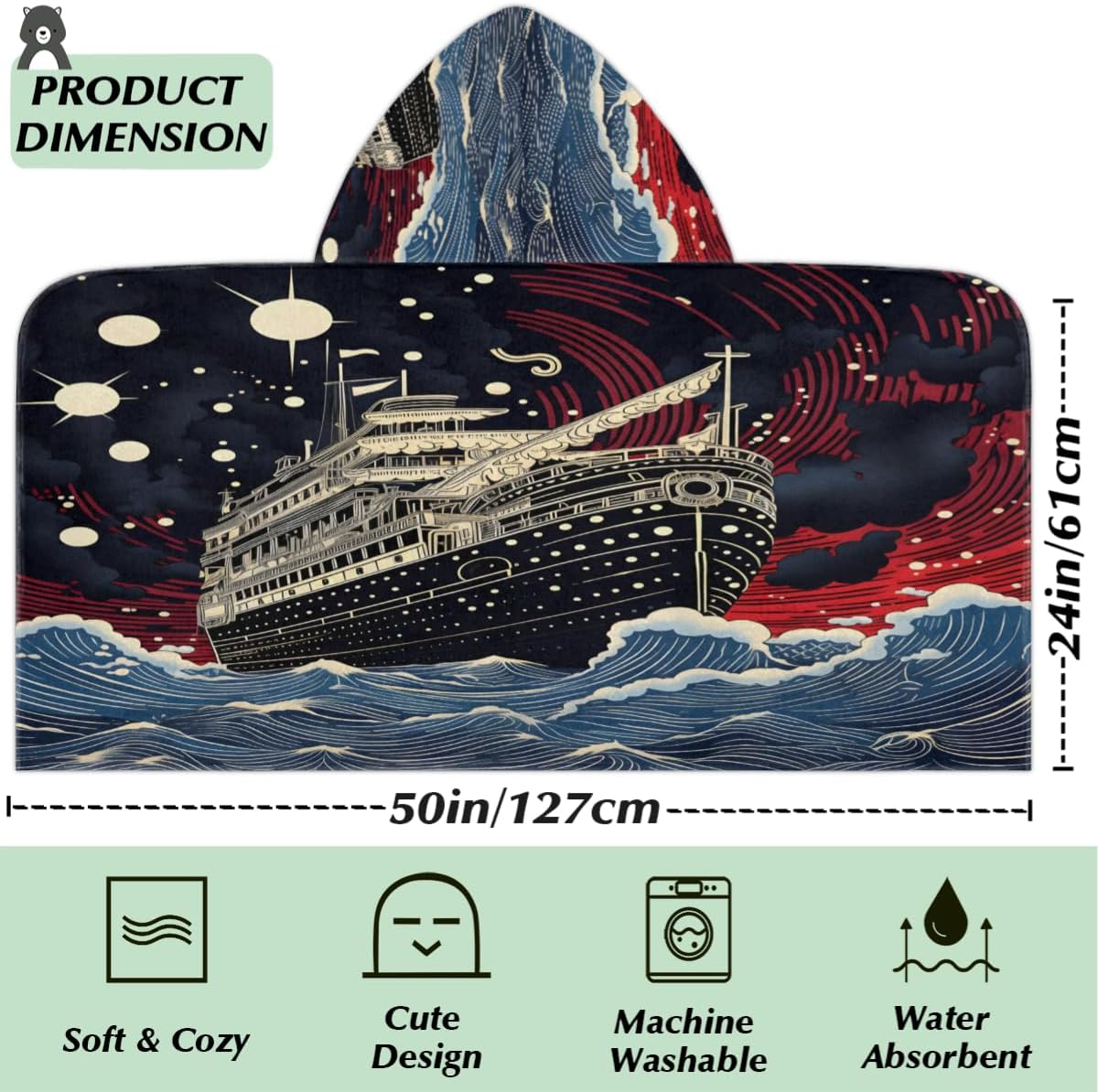 Pardick Kids Bath Towel Ship Sea Beach Towel with Hood Pool Cover Up for Girls Boys Soft Absorbent Hooded Bath Towel Toddler Towels for Beach, Pool
