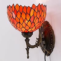 Vista 5 de Lámpara de pared Tiffany con aplique, enchufe o cableado, luz de pared con cúpula de vidrio manchado color rojo glicinia de 8 pulgadas, 8X10.5X11