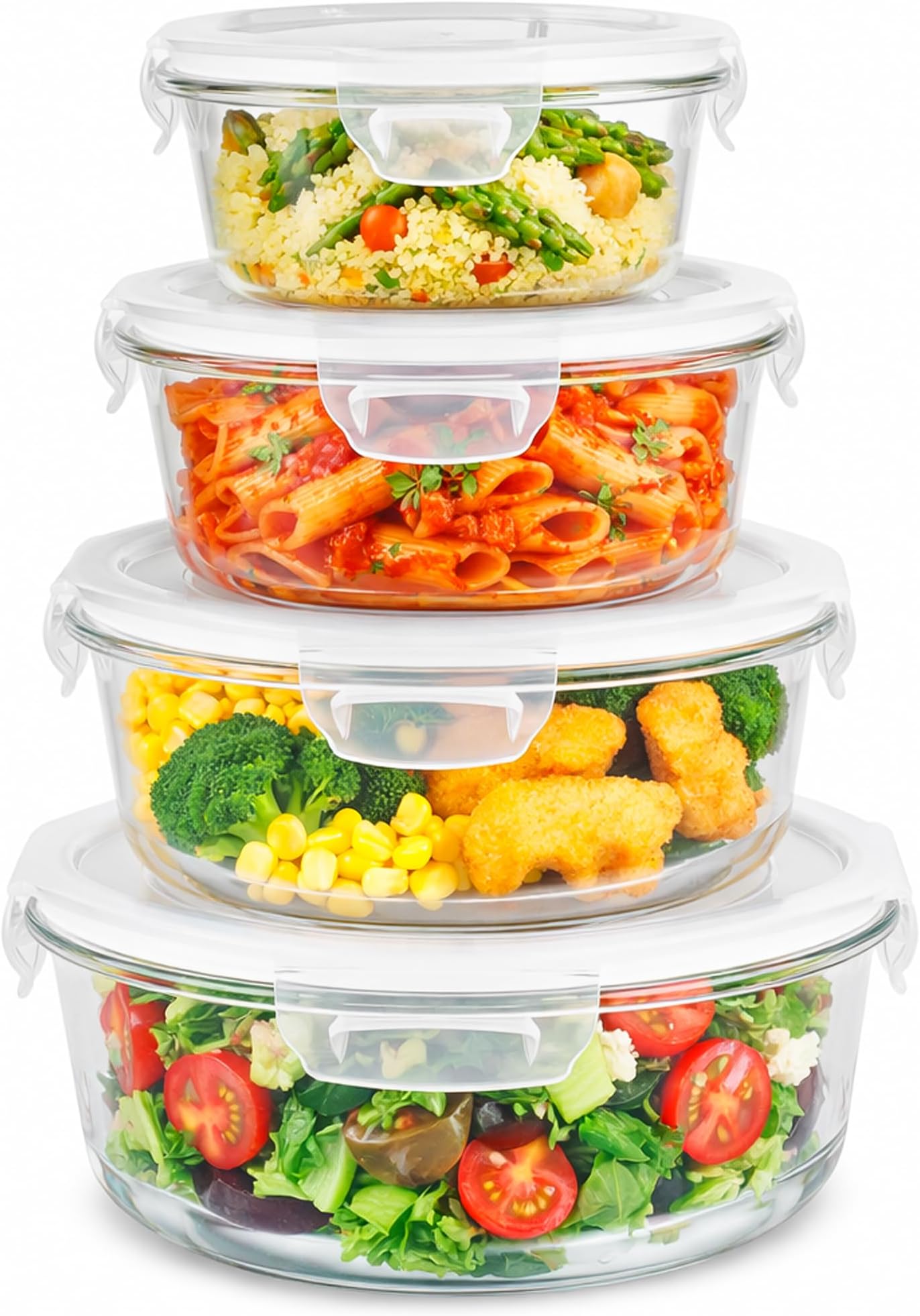 Innoteck 4pc Round Glass Storage Container Set with Snap Lock Lids - Watertight & Airtight Lids - Heat & Cold Resistant Glass - Microwave, Oven, Freeze & Dishwasher Safe - for Meal Prep, Set of 4