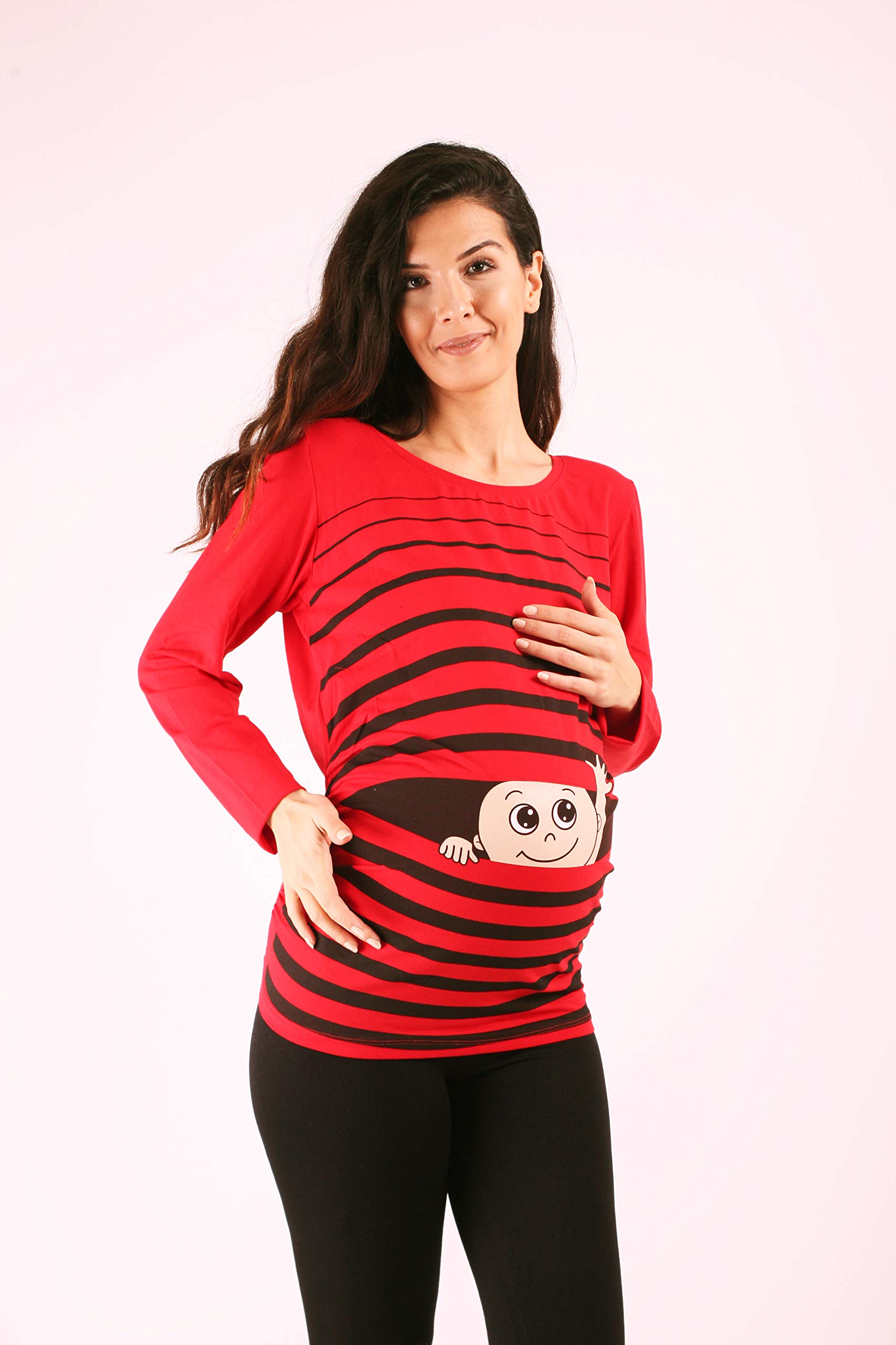M.M.C. Ciao Ciao - Simpatica graziosa T-Shirt Premaman Manica Lunga per la Gravidanza (Rosso, Medium)