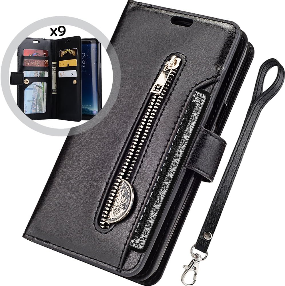 Auker Galaxy S9 Wallet Case for Women/Men, Trifold 9 Card Holder Folio Flip Leather Zipper Wallet Case with Strap&Cash Pocket Shockproof Full Body Protective Magnet Purse Case for Samsung S9 Black