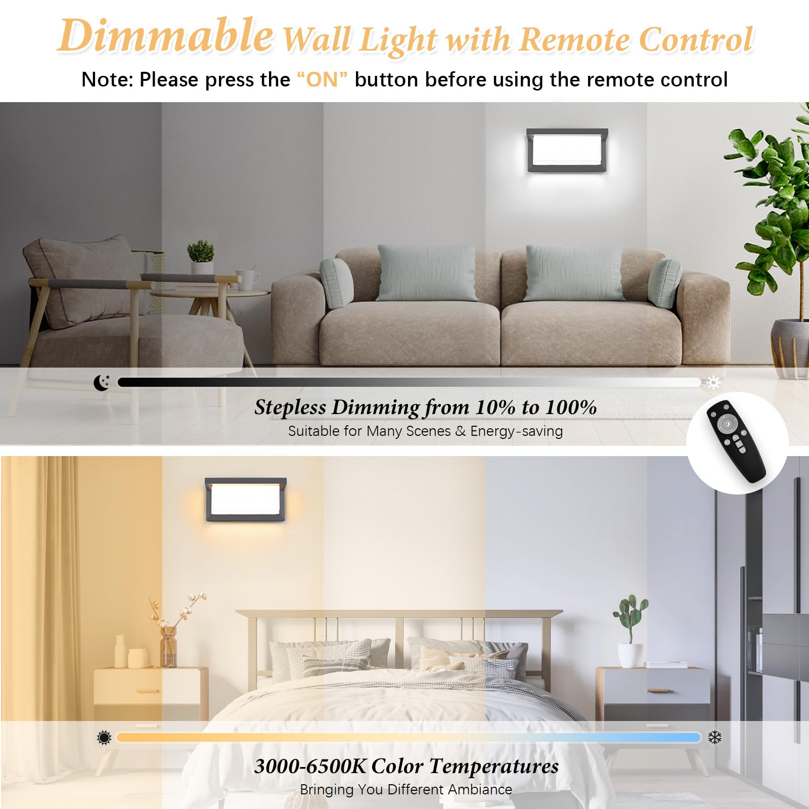 YindaLux Lampada da esterno con sensore di movimento, lampada da parete a LED da 18 W, con telecomando, IP65, impermeabile, moderna, per interni ed esterni, 3000-6500 K, dimmerabile, per giardino