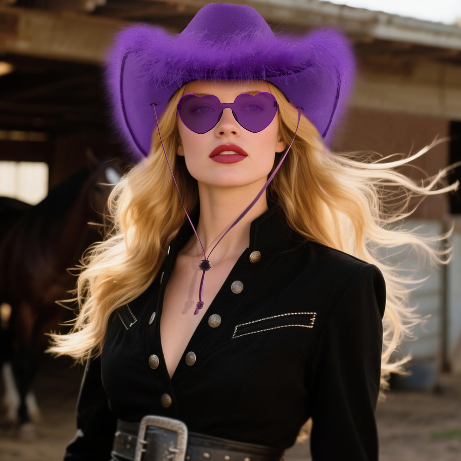 DRESHOW Sombrero de Vaquero Mujer con ala de Plumas Sombrero de Vaquera con Gafas de Sol en Forma de Corazón Western Sombreros de Vaquero de Fieltro para Vaquera Vestir Disfraz de Halloween