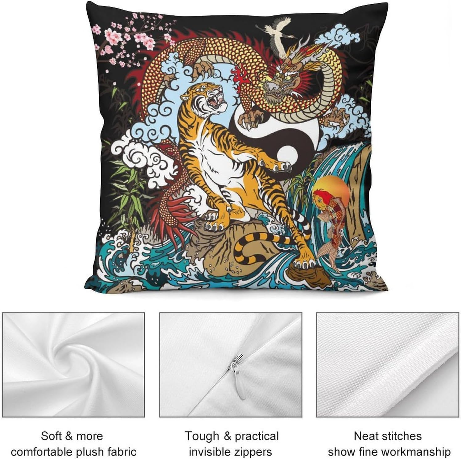 Dragon Pillow Covers Tiger Koi Fish White Crane Dragons Japanese Style Print Pattern Decor Throw Cozy Soft Pillowcase Cushion Cover for Living Room Bedroom Couch Bed (2Pcs Set), 20x20in