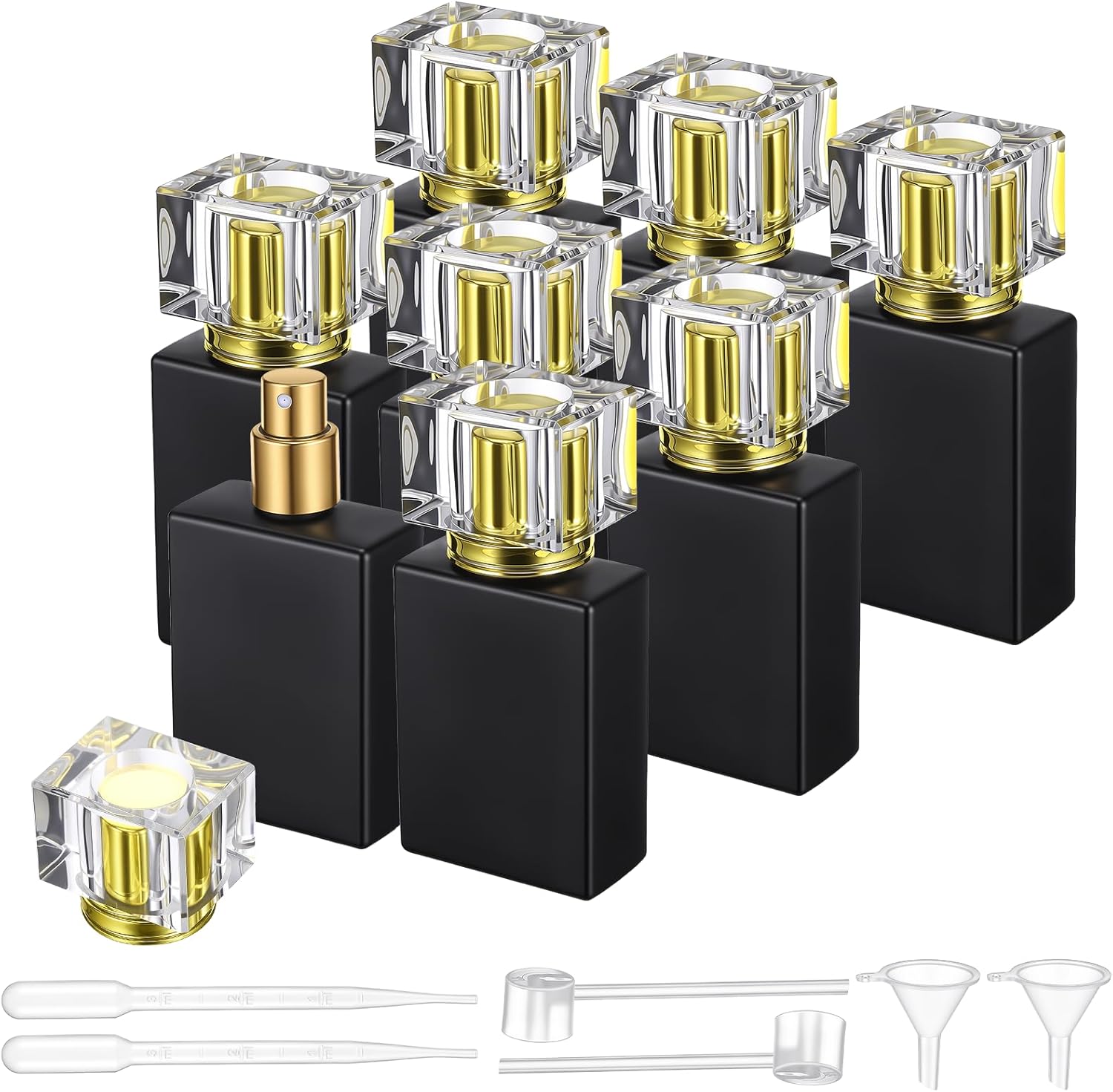 8 Pack 30ml/1 Oz Glass Spray Bottle Perfume Atomizer, Empty Glass Perfume Atomizer Bottle, Black Refillable Perfumes Spray Bottles with Refill Kit for Travel