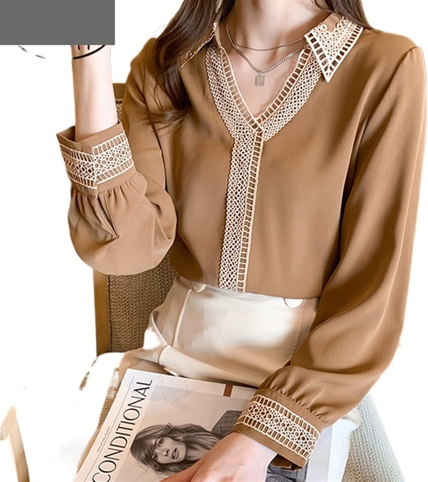 HOMOMOHOMOMO Flowershirt Plus Size Satin Silk Shirt Women's V-Neck Long Sleeve Solid Top Unique Hollow Embroidery Splice Women's (Color : Brown, Size : S)