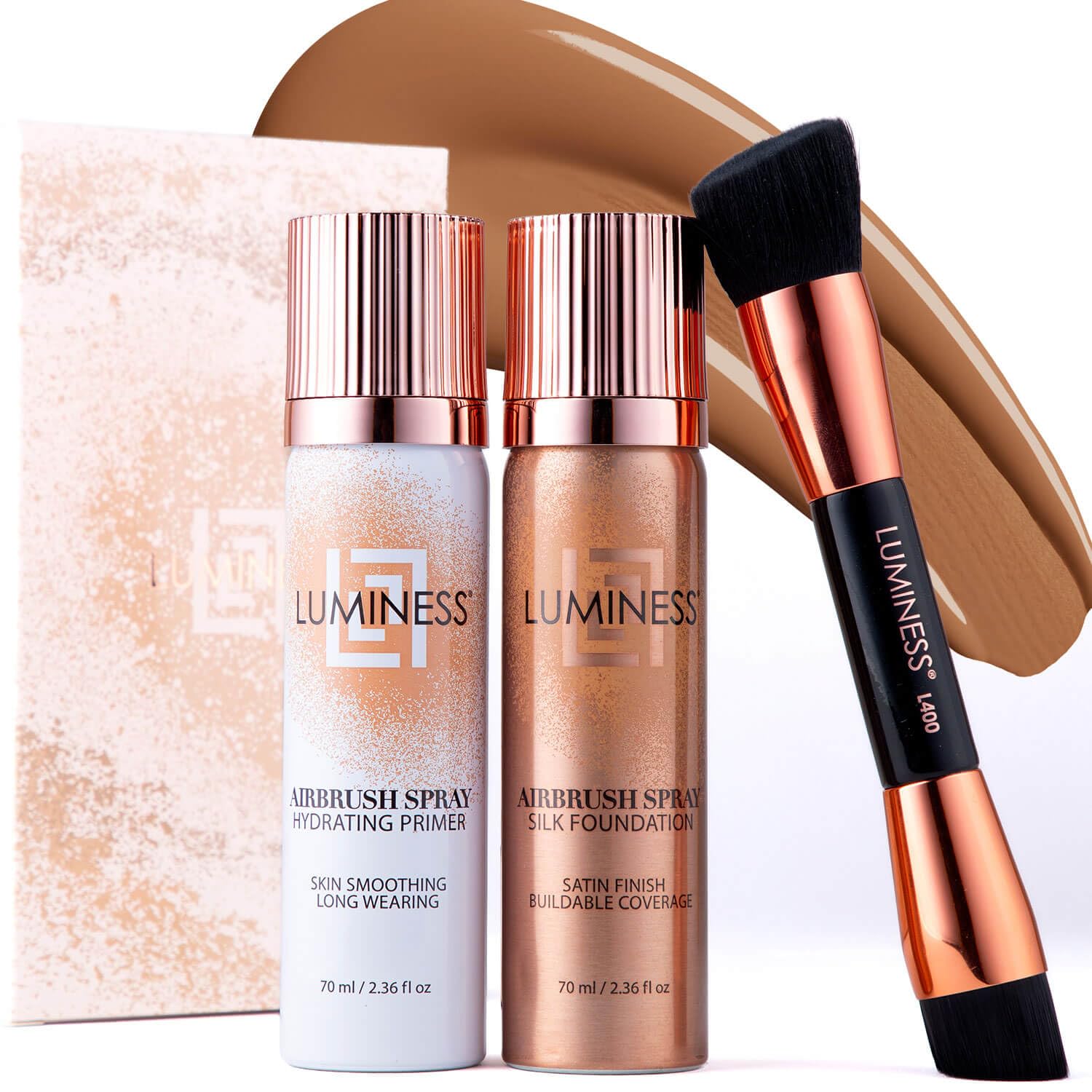 LUMINESS Airbrush Spray Silk Foundation Starter Kit - Tan - Foundation, Primer & Dual-Sided Angled Buffing Brush - Medium, Buildable Coverage, Anti-Aging Formula Hydrates & Moisturizes