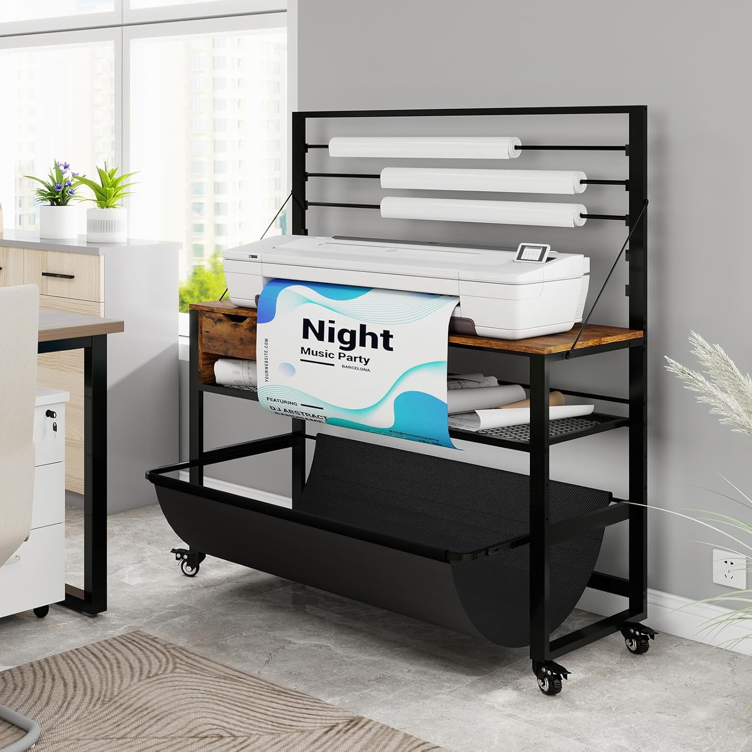 Natwind Wide Format Printer Stand, Plotter Workbench Table with Pull-Out Drafting Storage, Roll Paper Holder, Accessory Drawer, Adjustable Storage Shelf for Plotters and Cutting Machines (Retro)