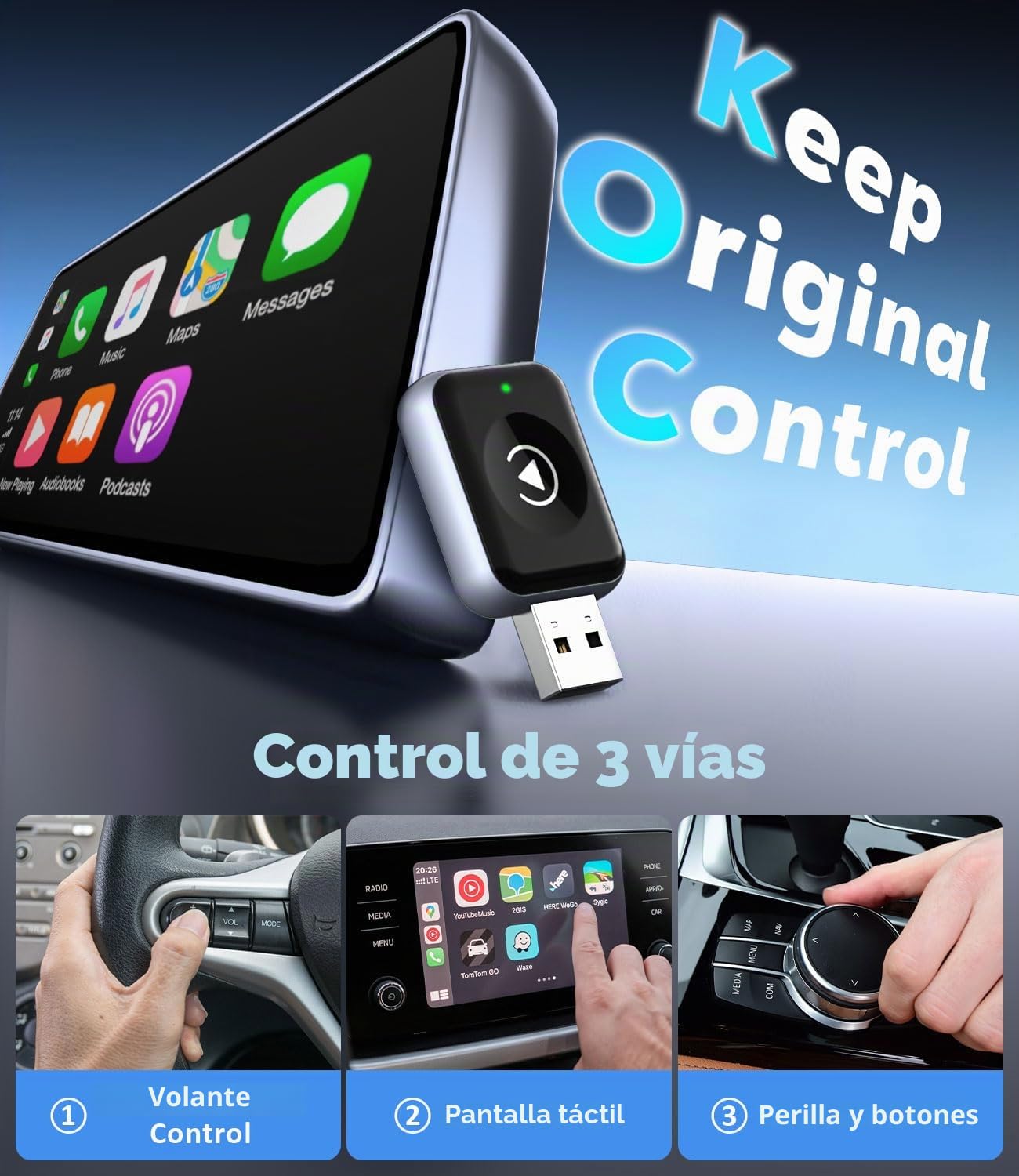 Adaptador CarPlay Inalámbrico para iPhone, Vehículos con CarPlay Integrado | Convertidor Que Transforma El CarPlay Cableado Original en Inalámbrico, Conexión Bluetooth, Conectores USB-A y USB-C