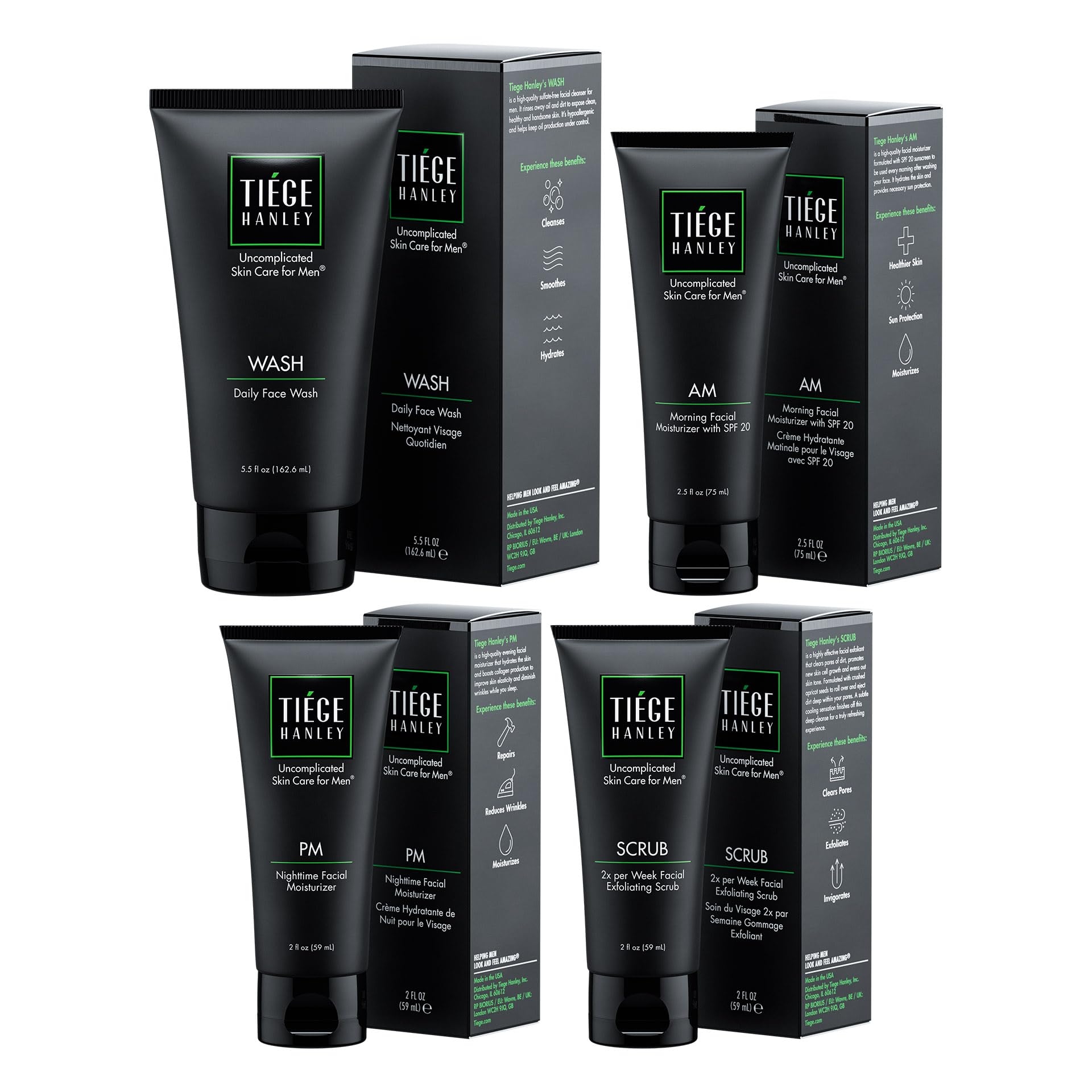 Tiege Hanley 90 Day Large Skin Care Set for Men, Essential Routine, System Level 1, Daily Face Wash, Facial Scrub, Moisturizer With SPF, and Night