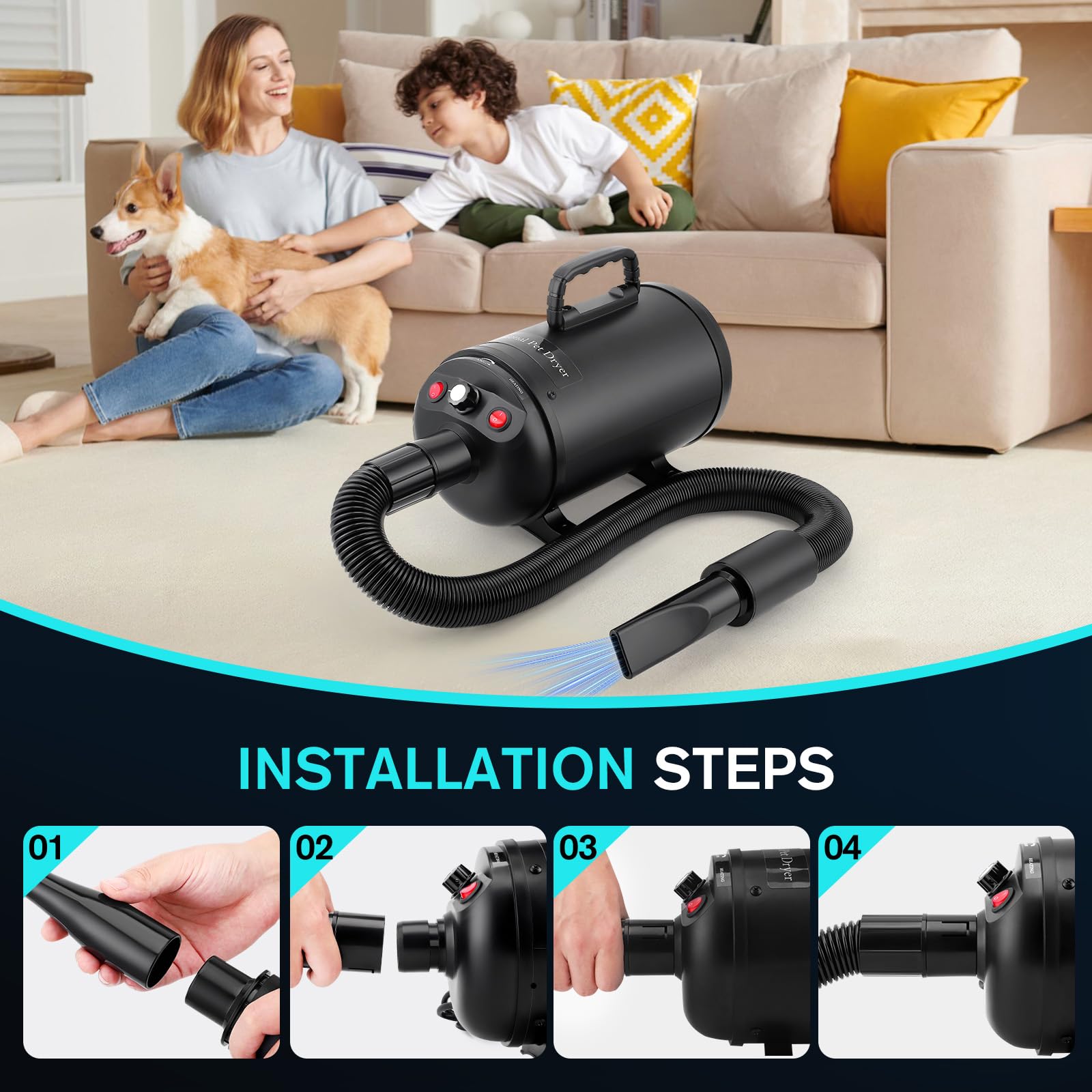 Secador de Pelo de Perro Blaster 5.2 CV / 3800 W, Profesional Secador de Pelo para Mascotas con 4 Boquillas, Velocidad y Calor Ajustables