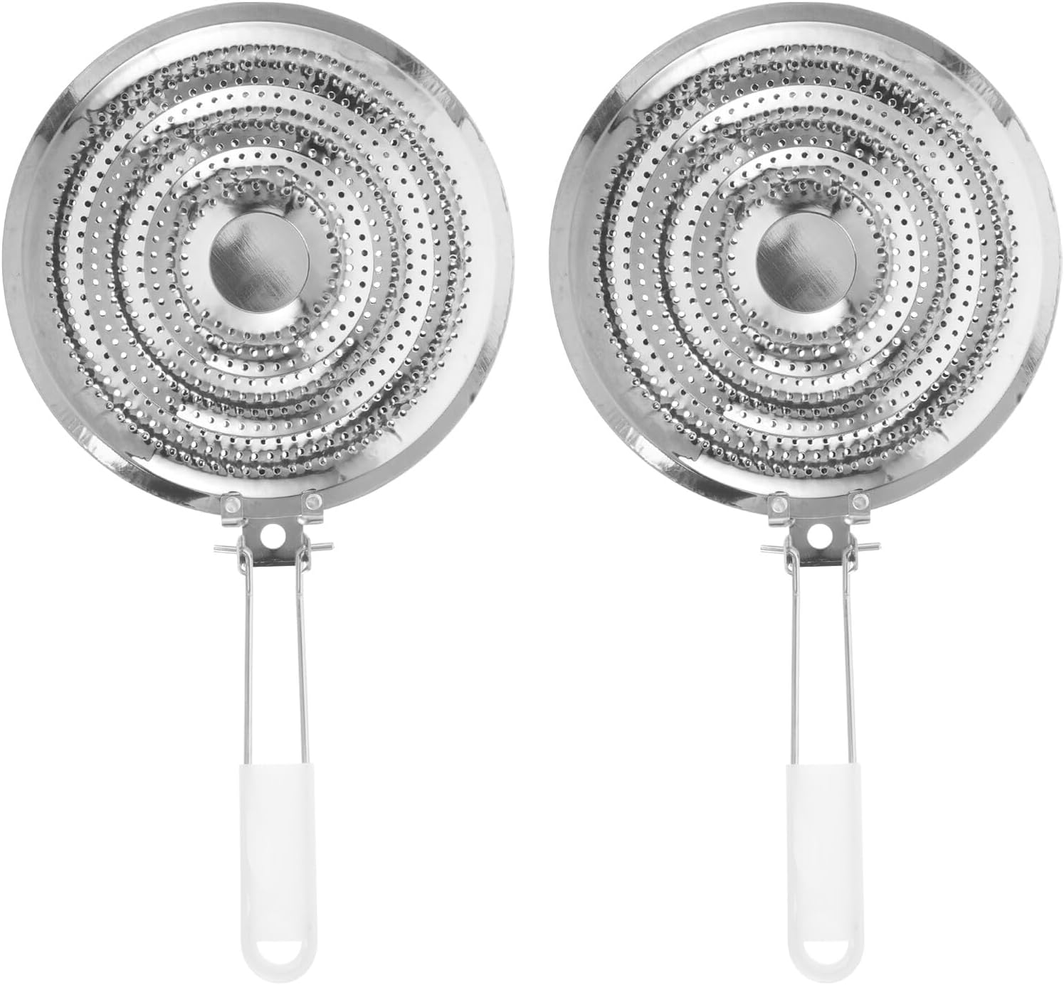 2pcs Stainless Steel Heat Diffuser with White Silicone Handle – Gas Stove Flame Tamer Simmer Plate for Even Heat Distribution and Induction Cooktop Adapter