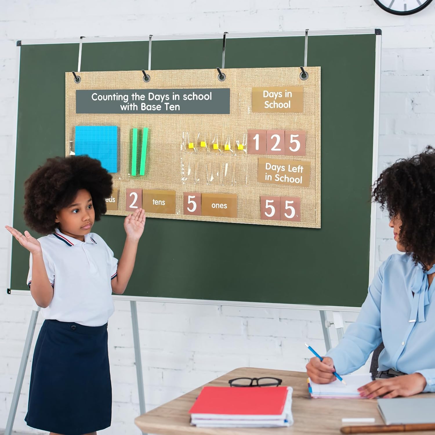 Resurhang Back to School Counting the Days with Base Ten Pocket Chart Place Value, Counting Caddie Pocket Chart for Classroom Bulletin Board School or Home Decor, 4 Hooks(Burlap Color,Neutral Style)