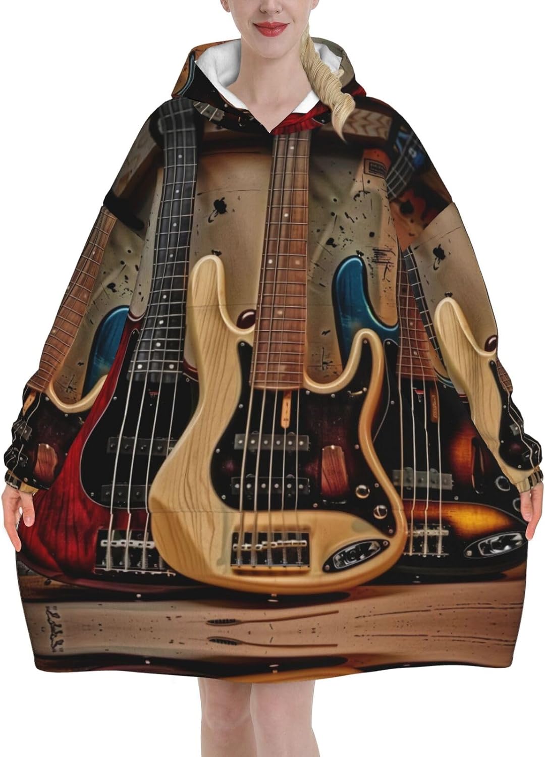 Guitar Bass Music Instruments Print Blanket Hoodie Fleece Sweatshirt Blanket With Sleeves And Pockets