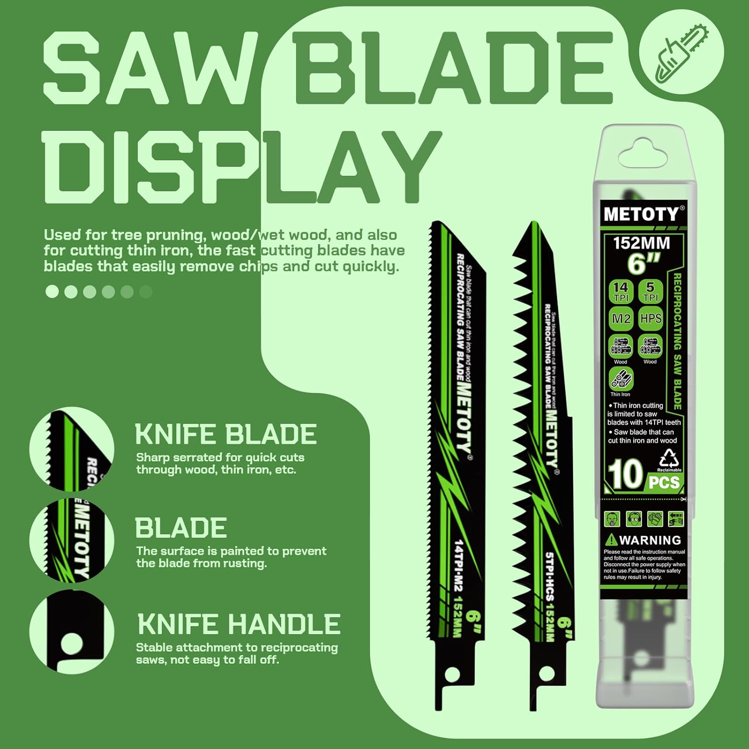 6 inch Reciprocating Saw Blade Set for Metal Wood Iron, Reciprocating Saw Blade Set - 5 TPI & 14 TPI, 10 Pieces with Organizer Case, Durable HCS for Tree Branches