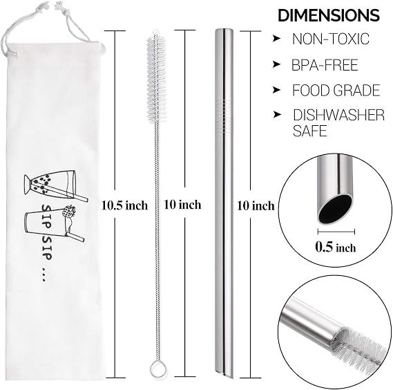 [Angled Tips] 2 Pcs Jumbo Reusable Bubble Tea Straws & Smoothie Straws, 0.5 Wide Stainless Steel Straw, Metal Straw for Boba, Tapioca Pearl, Milkshakes,Smoothies | 1 Cleaning Brush & 1 Case