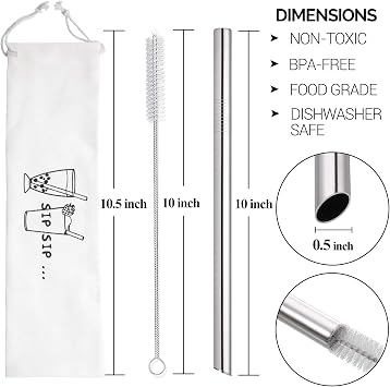 [Angled Tips] 2 Pcs Jumbo Reusable Bubble Tea Straws & Smoothie Straws, 0.5 Wide Stainless Steel Straw, Metal Straw for Boba, Tapioca Pearl, Milkshakes,Smoothies | 1 Cleaning Brush & 1 Case