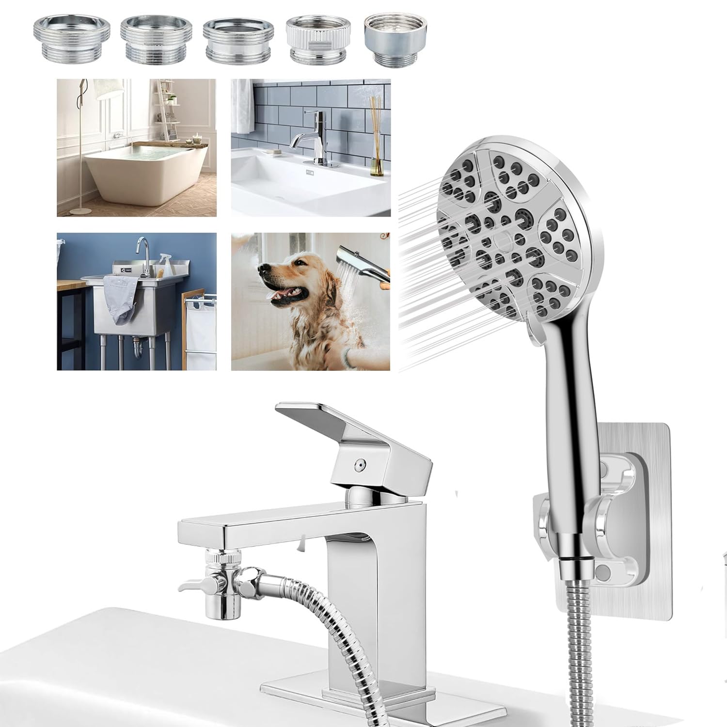Juego de alcachofa de ducha para bañera, grifo de bañera con 5 adaptadores y manguera de 59 pulgadas para enjuague de perros y mascotas, baño de bebé, lavado de pelo, extensión de encendido/apagado
