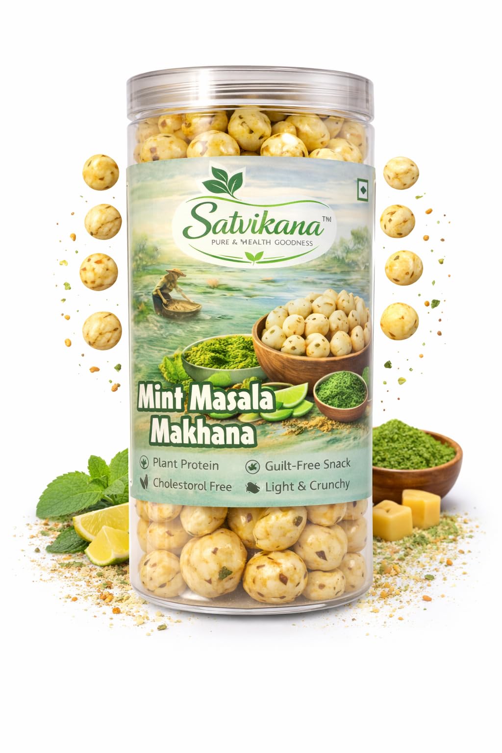 Satvikana Roasted Makhana (Mint Masala) | Healthy Snack | Fox Nuts | Gluten Free | High Protein & Fiber | Cholesterol Free | 70g Jar-image-5