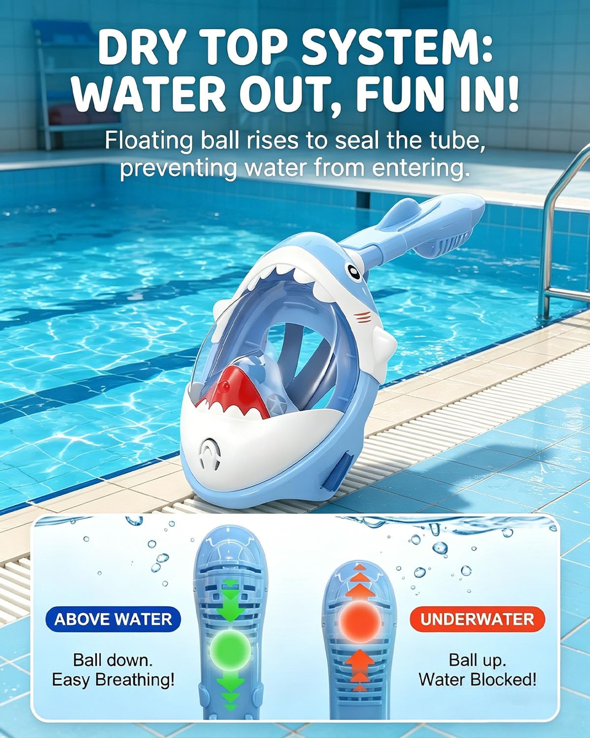 Maschera da snorkeling integrale per bambini, motivo squalo blu, progettata per bambini dai 5 ai 10 anni, visione ad alta definizione a 180°, anti-appannamento, anti-perdite e funzione Dry Top, per